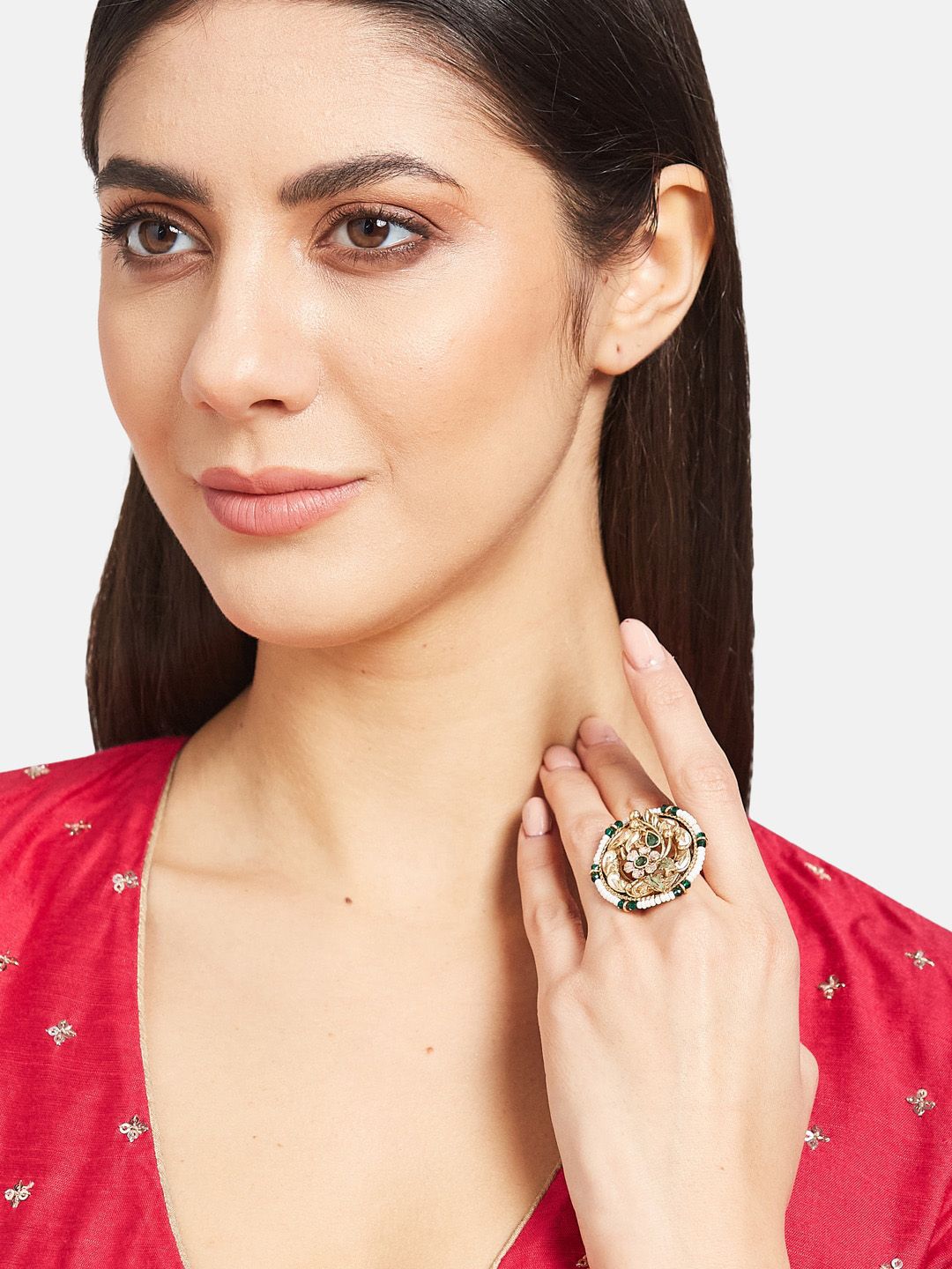 ATIBELLE Gold-Plated Kundan Studded & Beaded Finger Ring