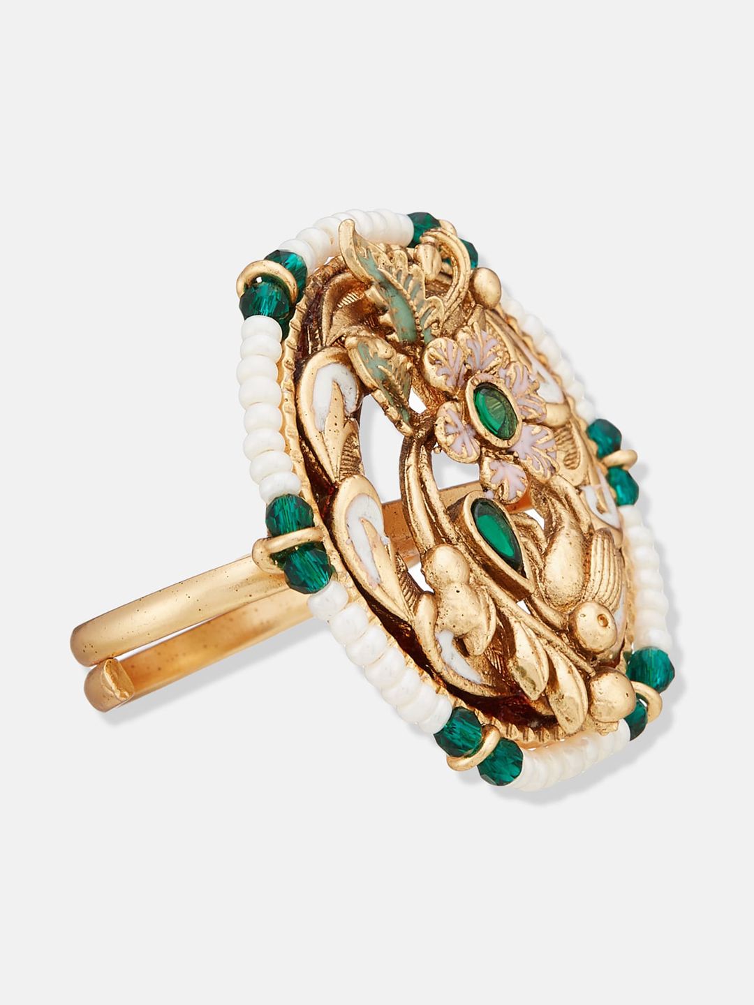 ATIBELLE Gold-Plated Kundan Studded & Beaded Finger Ring