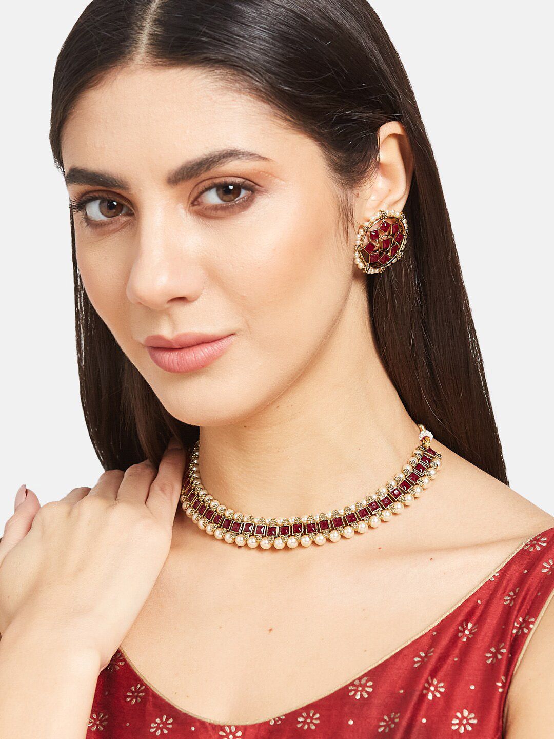 ATIBELLE Gold Plated Kundan-Studded Floral Shaped Jewellery Set