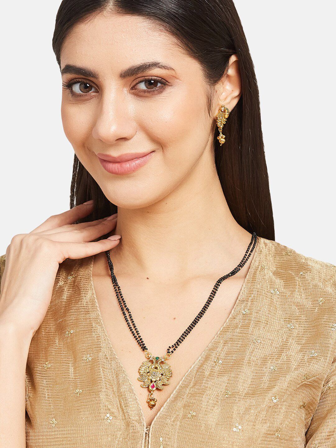 ATIBELLE Gold-Plated Stones-Studded & Beaded Peacock Shaped Mangalsutra With Earrings
