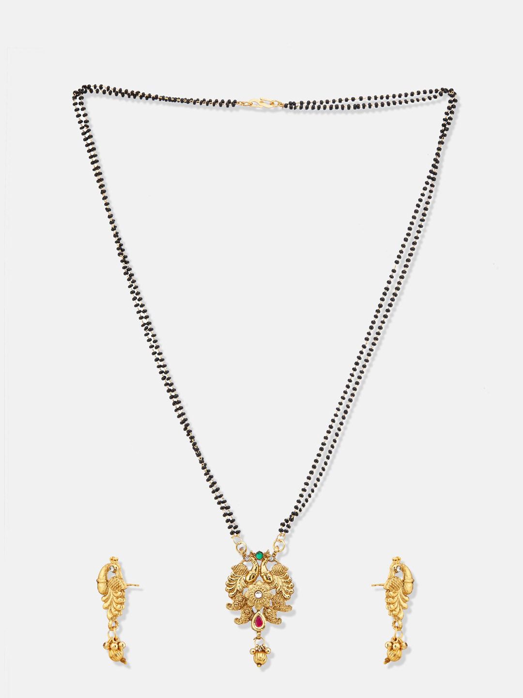 ATIBELLE Gold-Plated Stones-Studded & Beaded Peacock Shaped Mangalsutra With Earrings