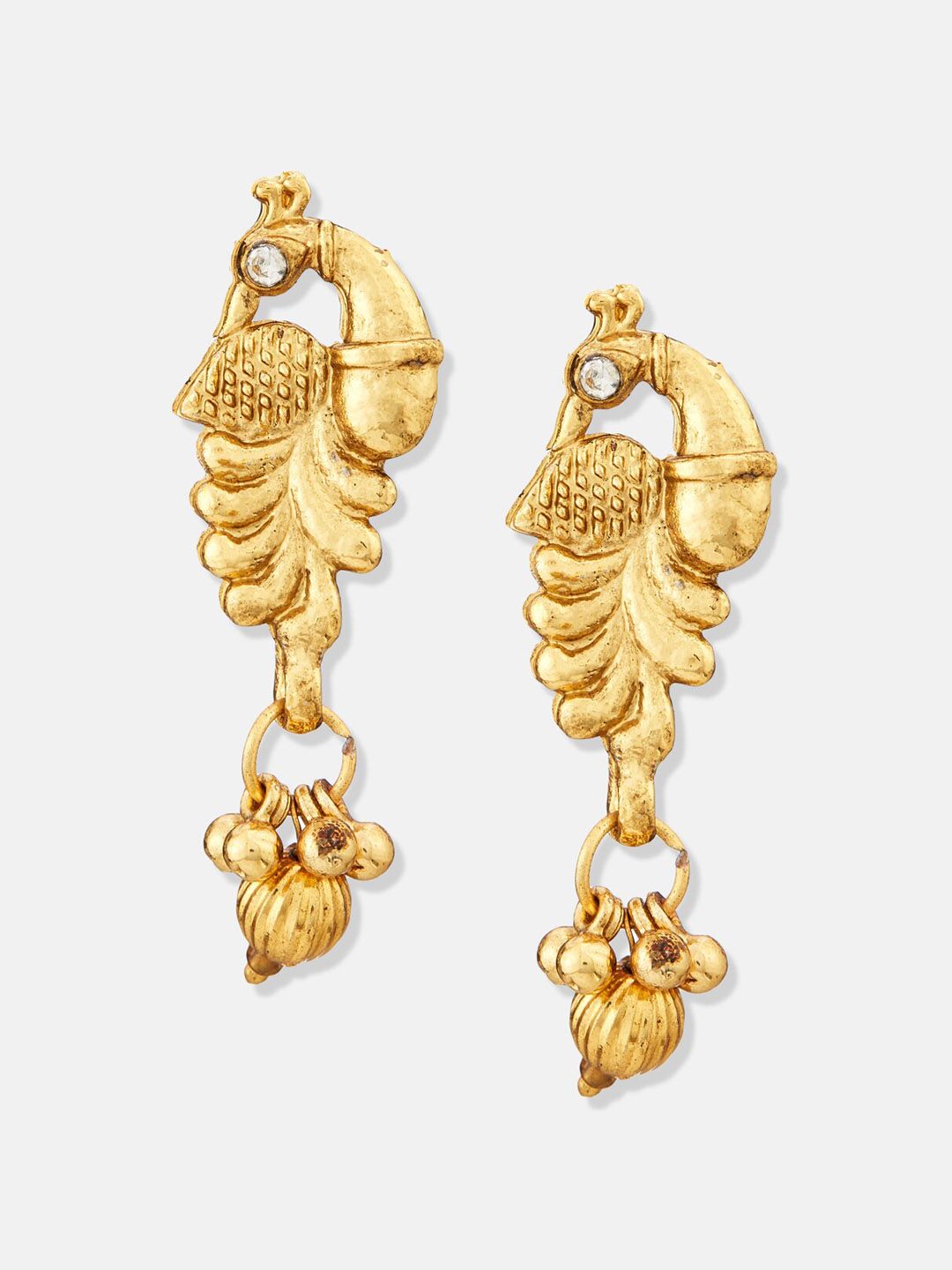 ATIBELLE Gold-Plated Stones-Studded & Beaded Peacock Shaped Mangalsutra With Earrings