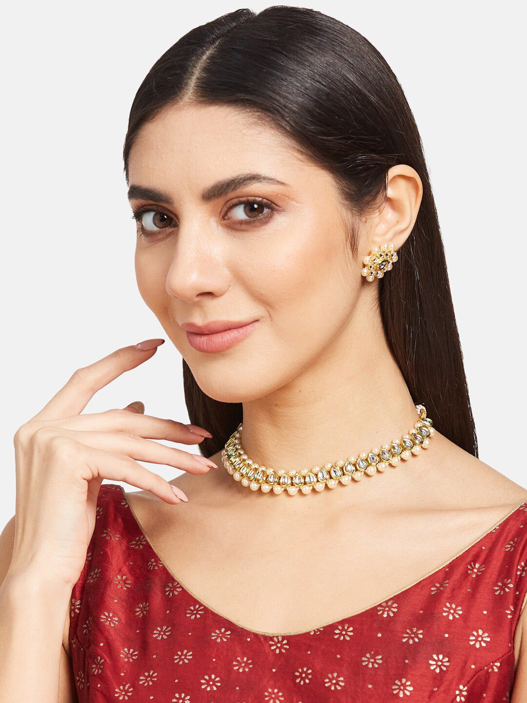 ATIBELLE Gold-Plated Kundan-Studded & Pearl-Beaded Jewellery Set
