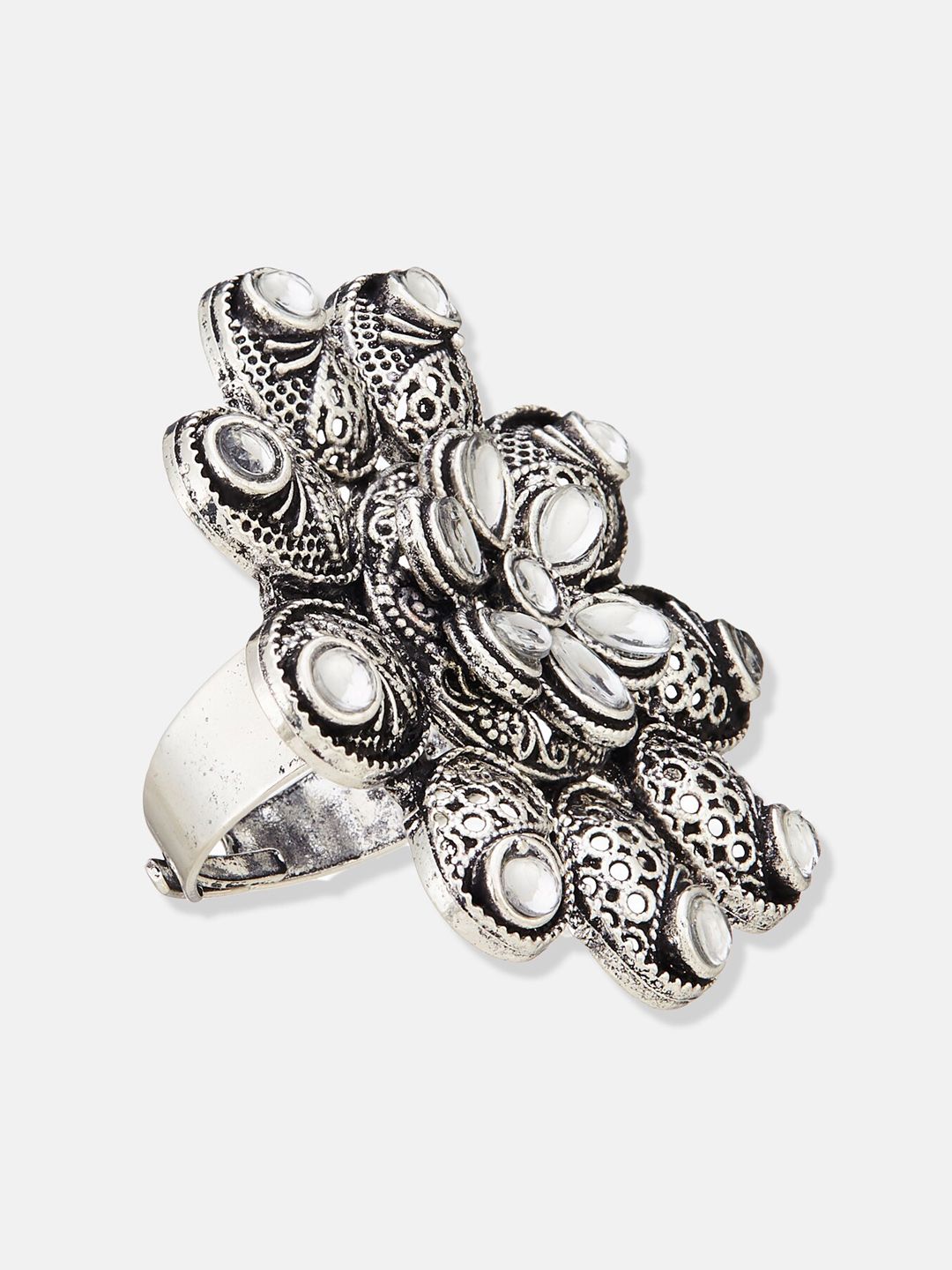ATIBELLE German Silver-Plated Stones-Studded Floral Finger Ring