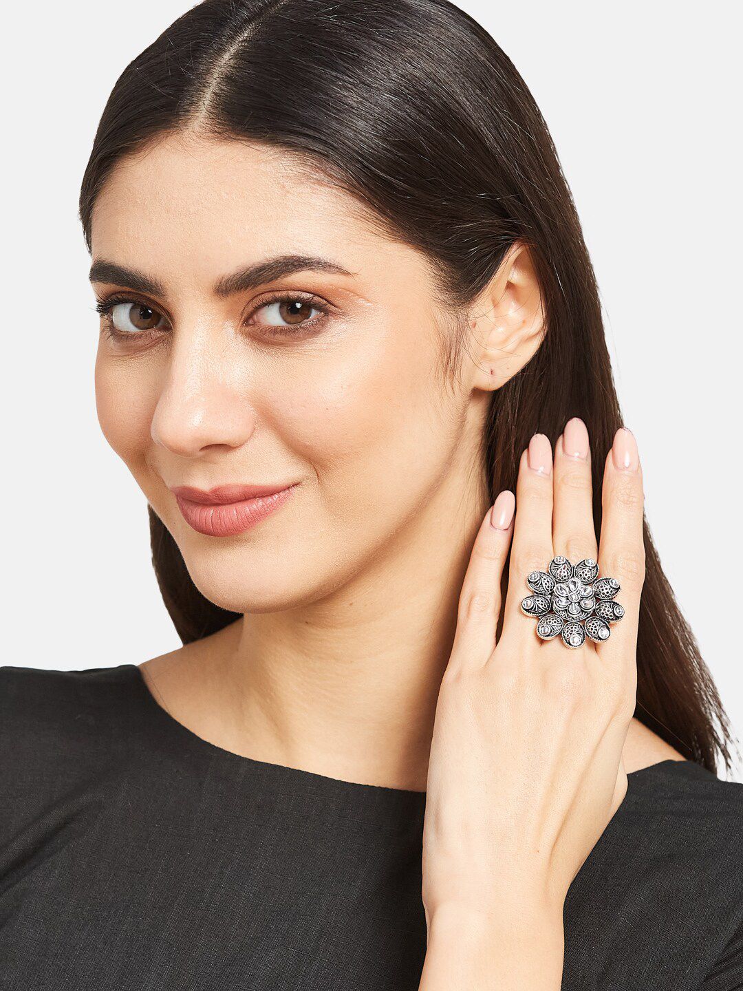 ATIBELLE German Silver-Plated Stones-Studded Floral Finger Ring