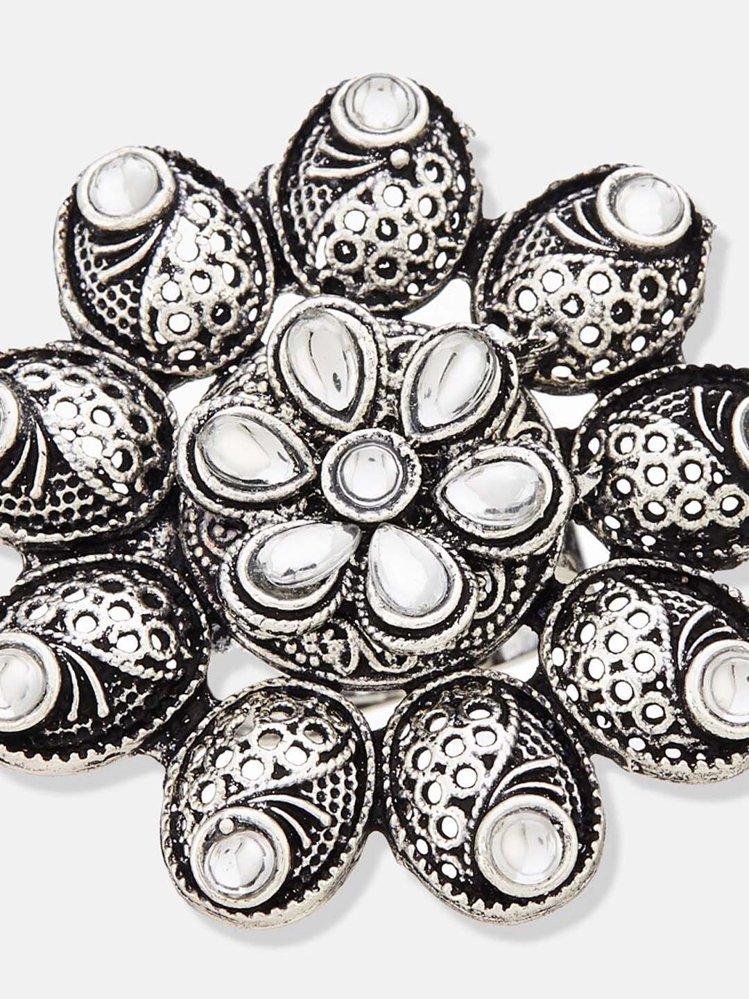 ATIBELLE German Silver-Plated Stones-Studded Floral Finger Ring
