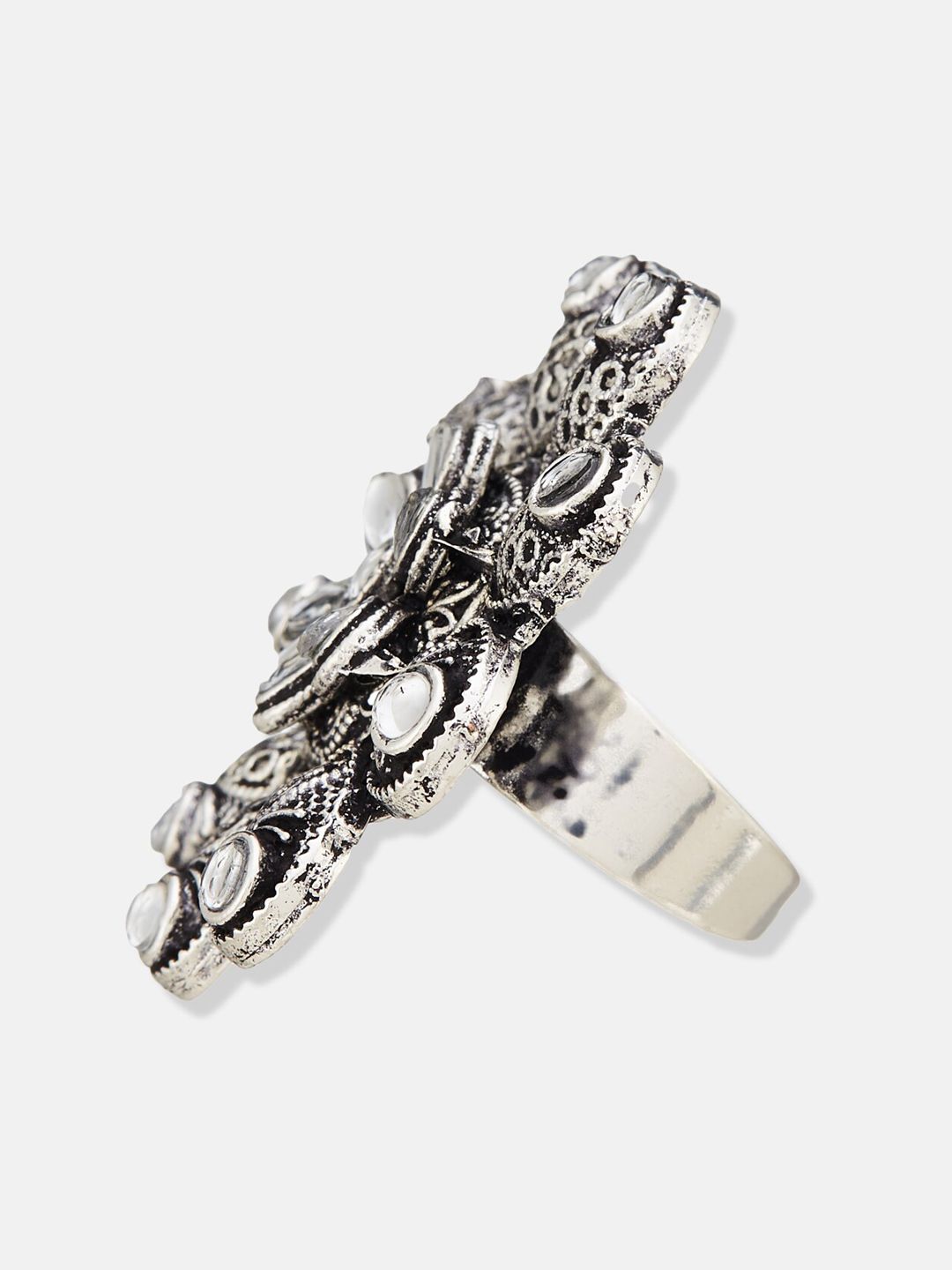 ATIBELLE German Silver-Plated Stones-Studded Floral Finger Ring
