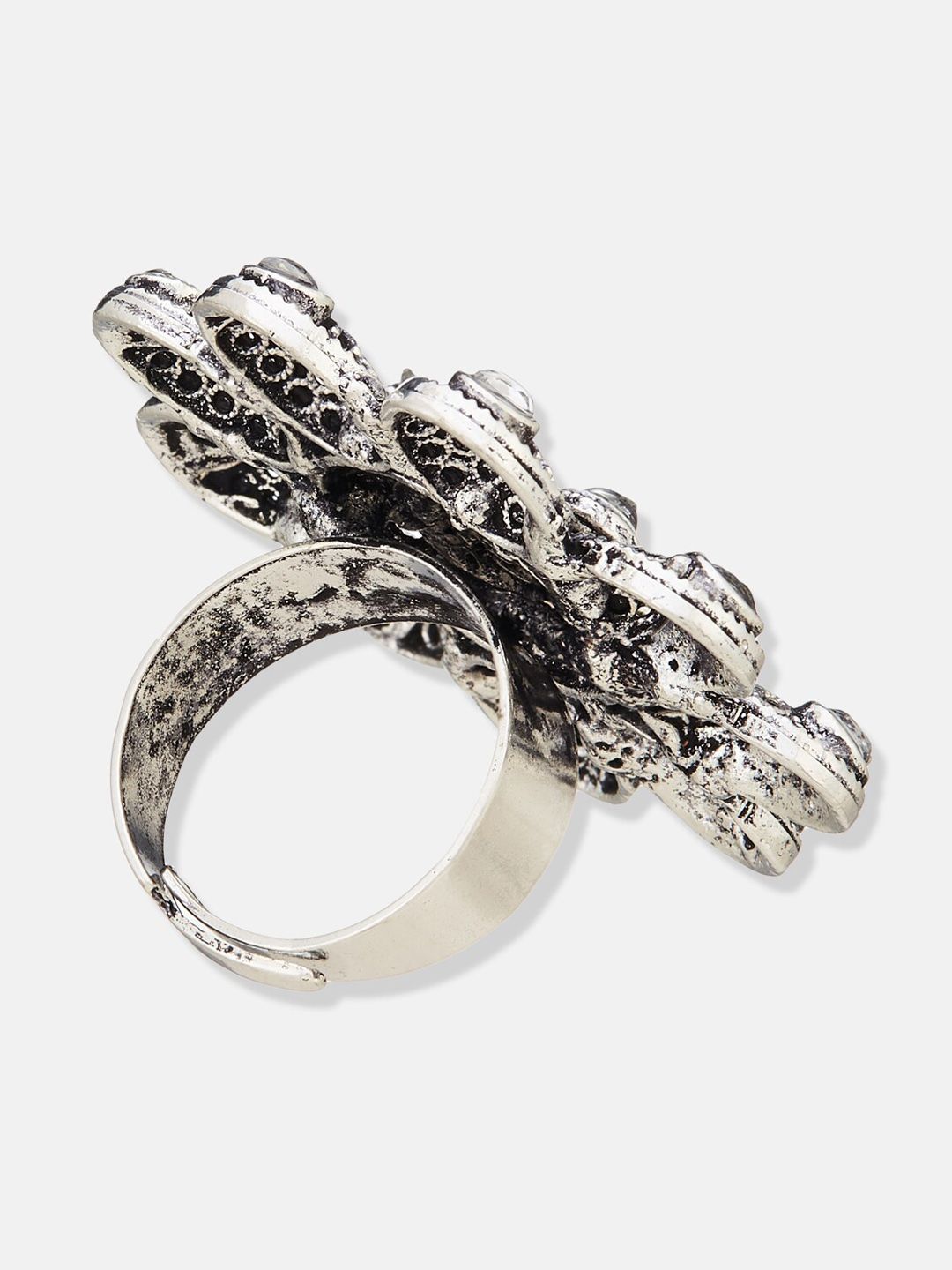 ATIBELLE German Silver-Plated Stones-Studded Floral Finger Ring