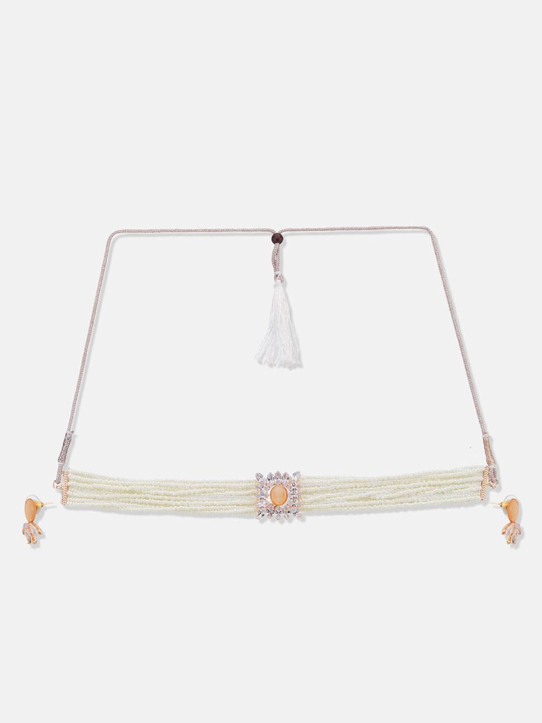 ATIBELLE Rose Gold-Plated Beaded & CZ-Studded Floral Shaped Choker Jewellery Set
