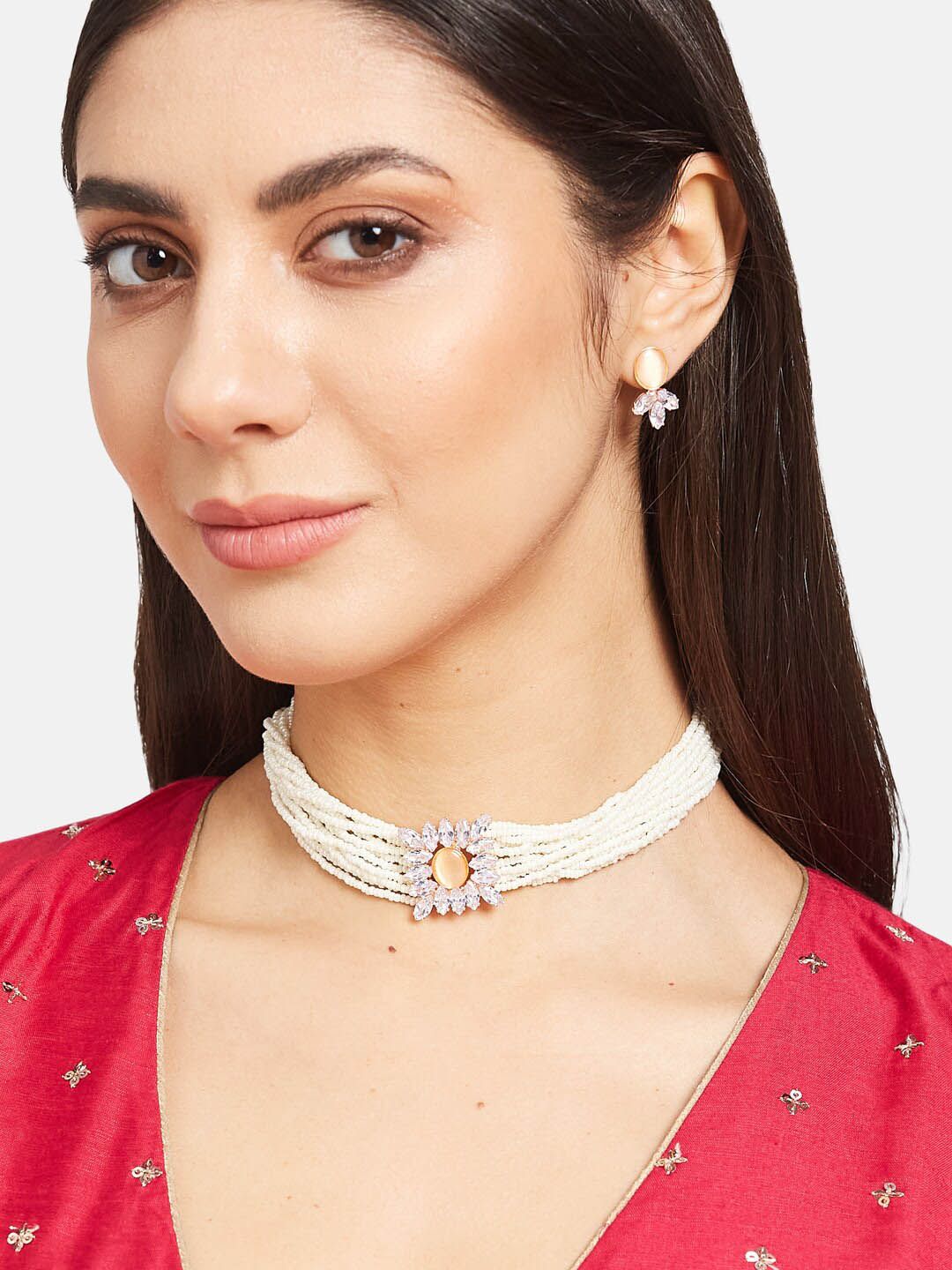 ATIBELLE Rose Gold-Plated Beaded & CZ-Studded Floral Shaped Choker Jewellery Set