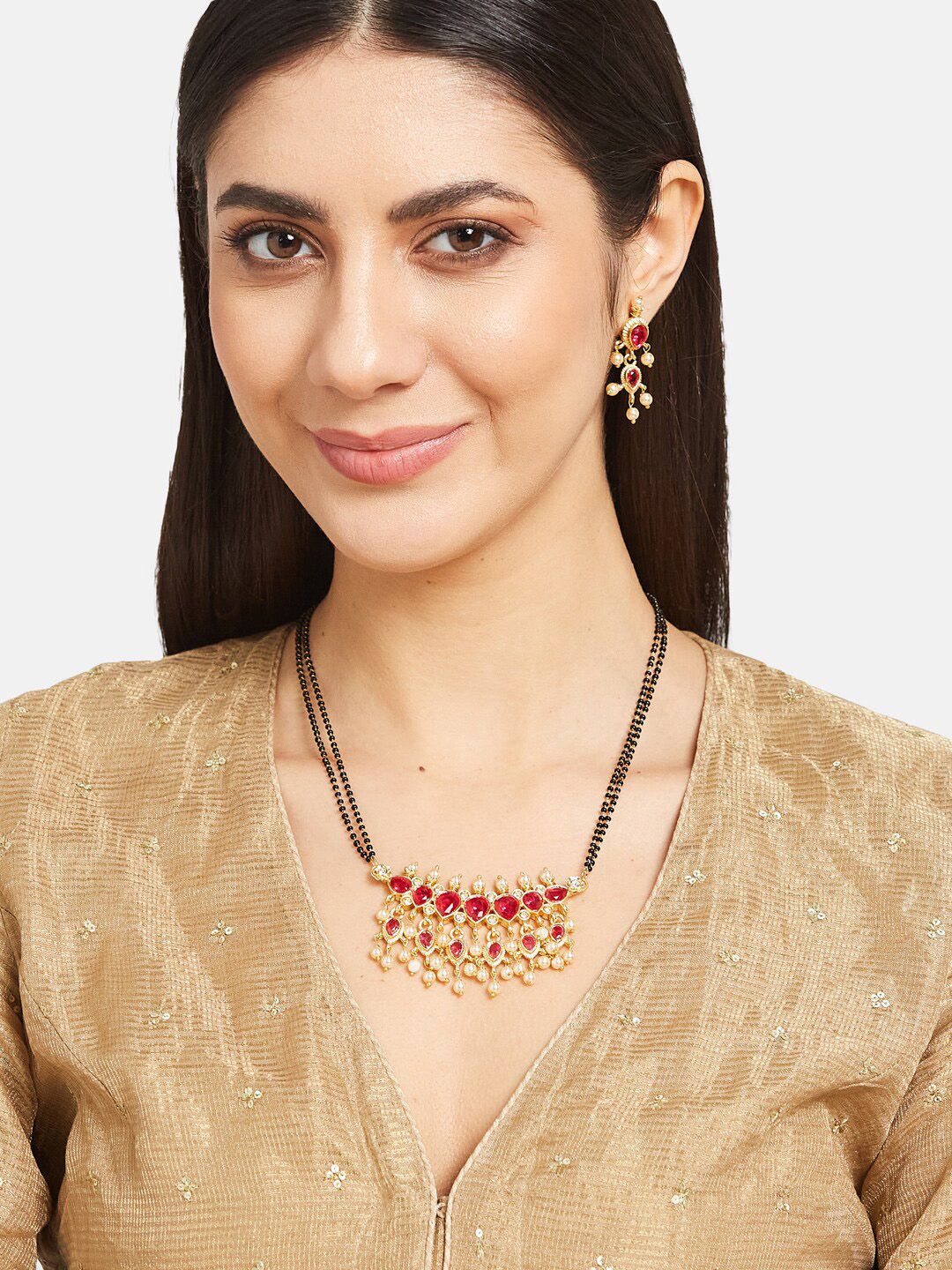 ATIBELLE Gold-Plated Stones-Studded & Beaded Mangalsutra