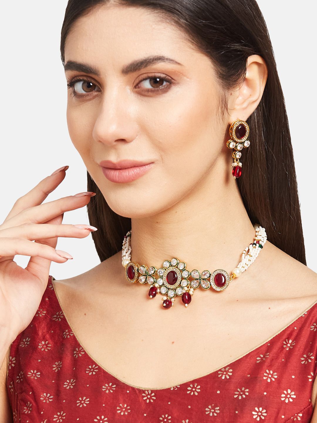 ATIBELLE Gold-Plated Kundan-Studded & Beaded Jewellery Set
