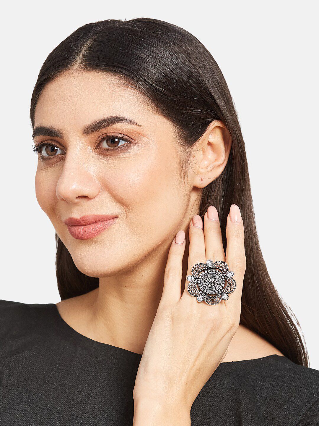 ATIBELLE German Silver Plated Stone Studded Finger Ring