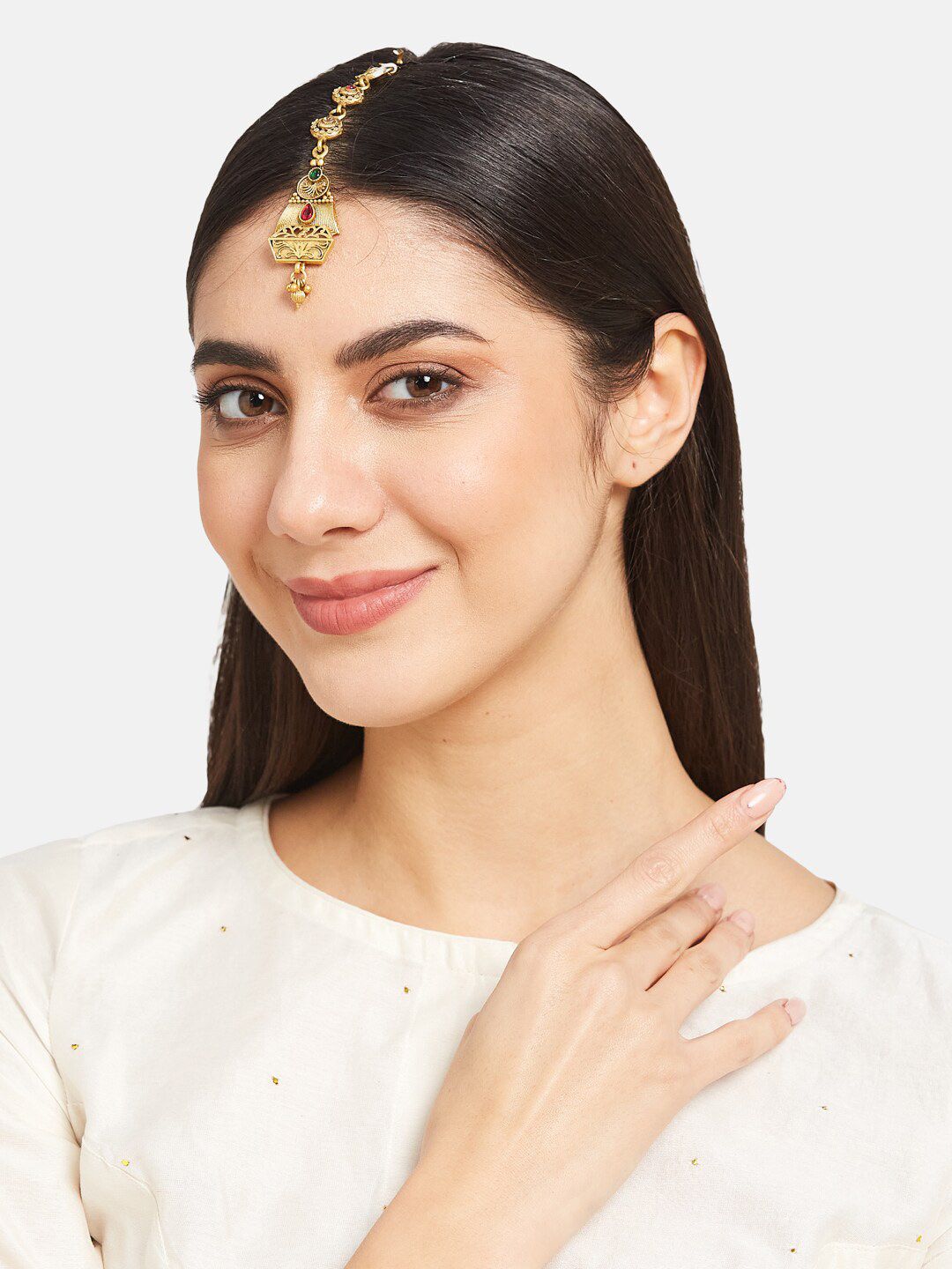 ATIBELLE Gold-Plated Stones Studded and Beads Maang Tikka