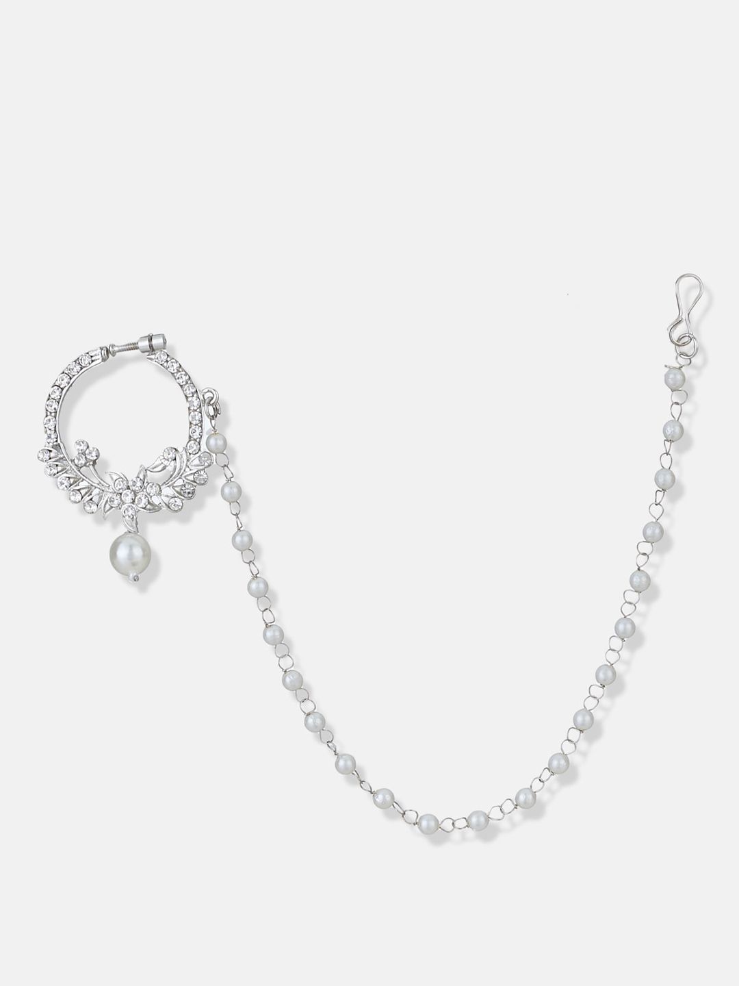 ATIBELLE Silver Plated Kundan Stone Studded & Beaded Floral Shaped Nath