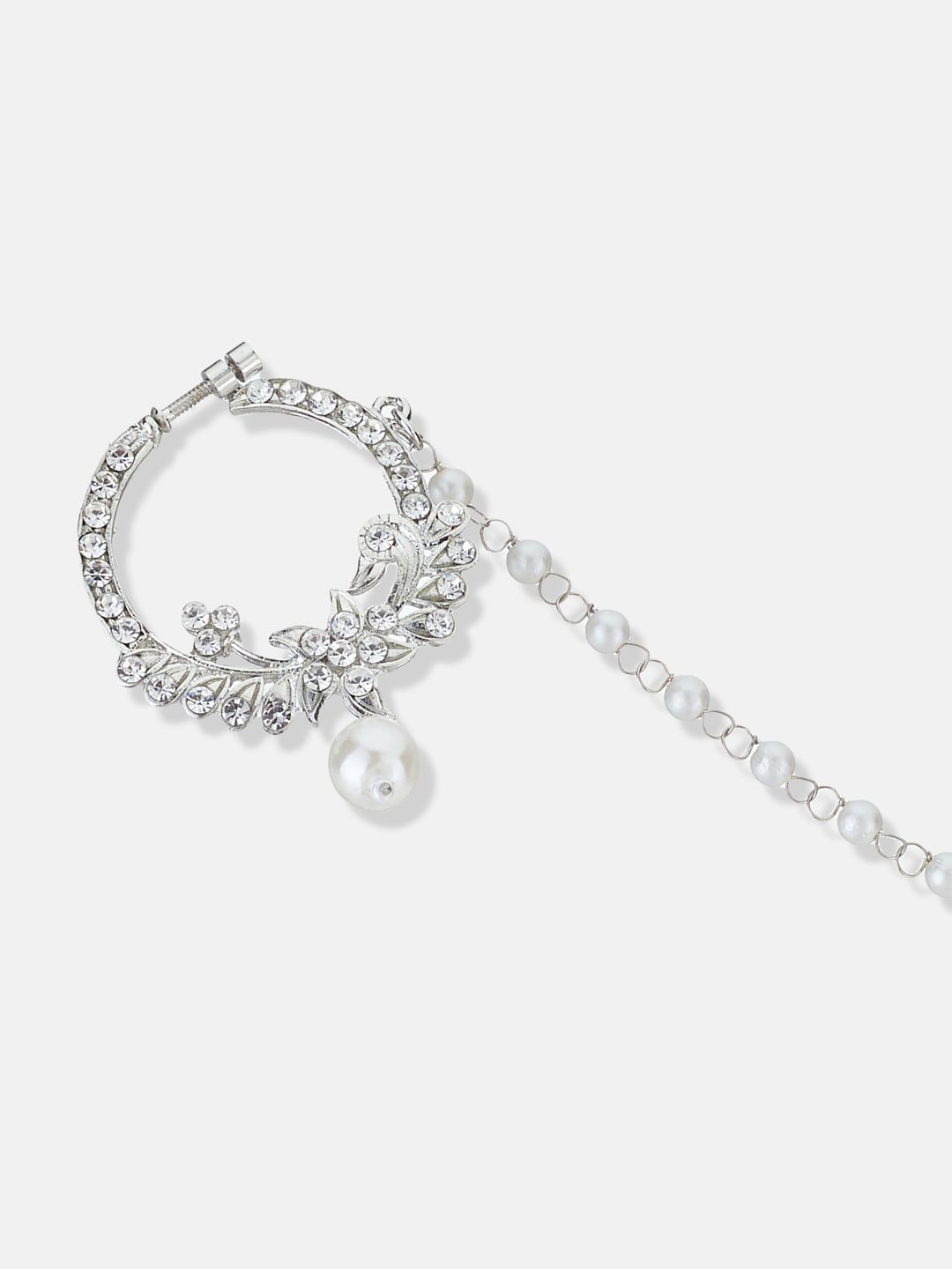 ATIBELLE Silver Plated Kundan Stone Studded & Beaded Floral Shaped Nath