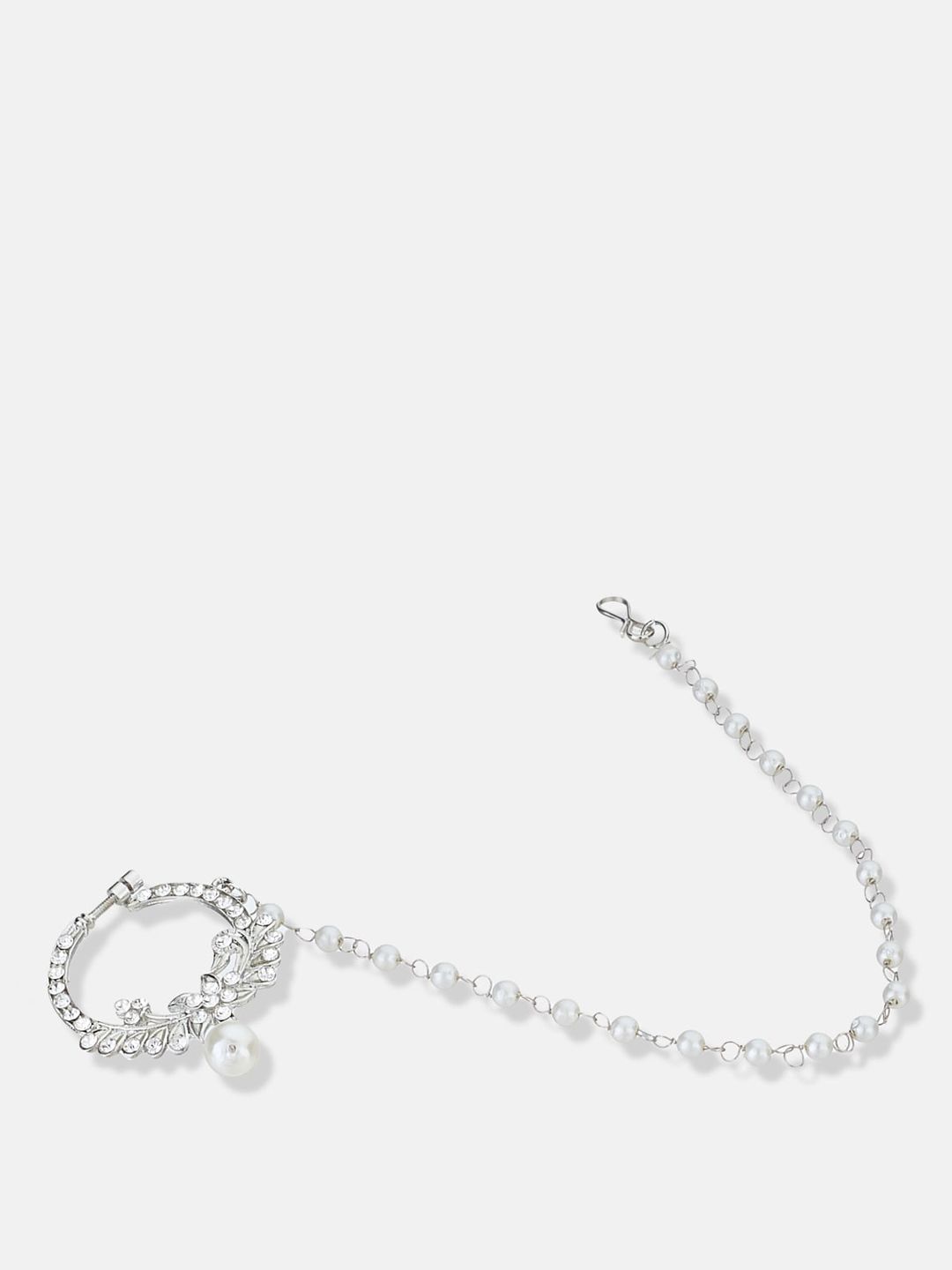 ATIBELLE Silver Plated Kundan Stone Studded & Beaded Floral Shaped Nath