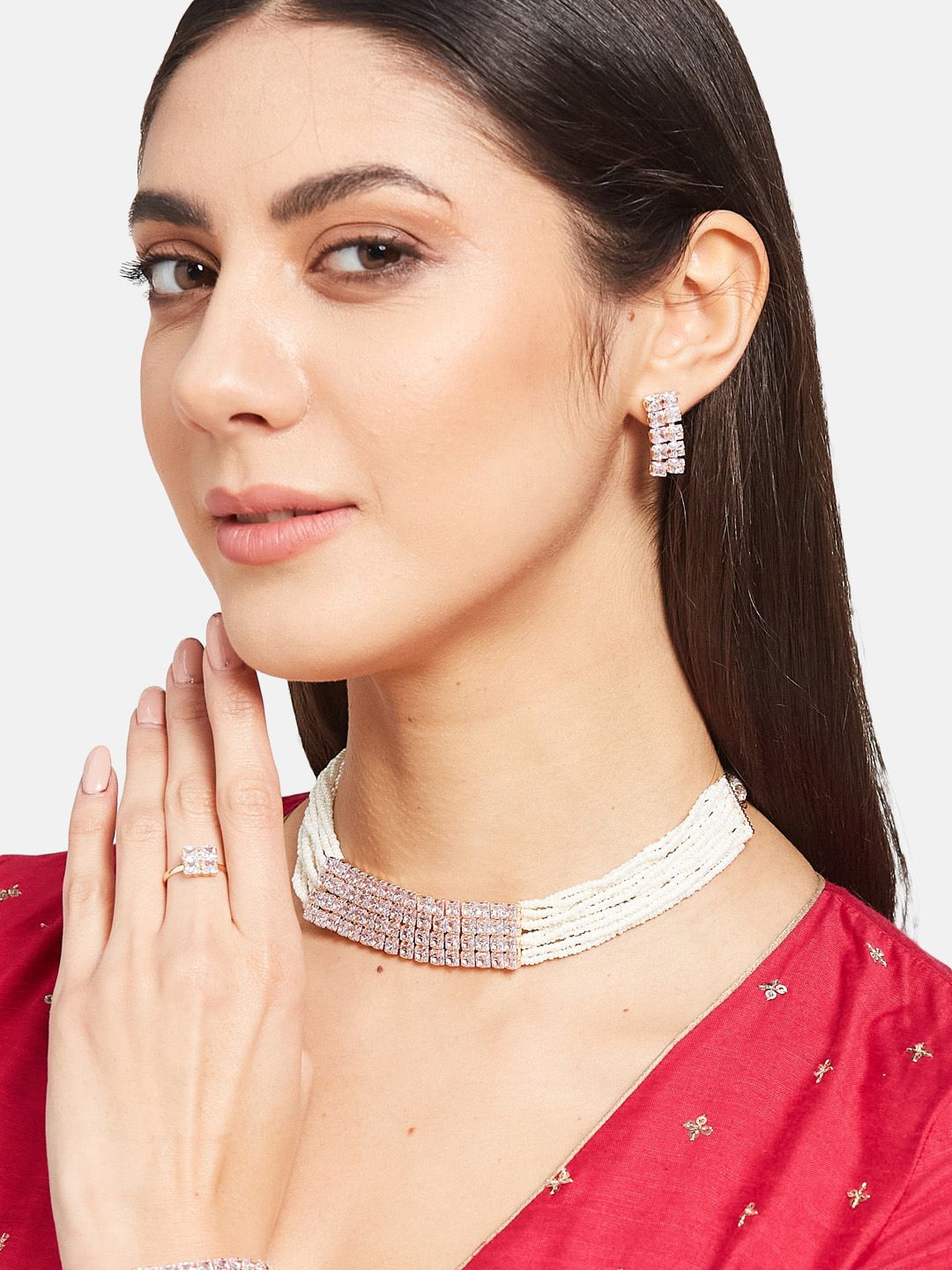 ATIBELLE Rose Gold-Plated CZ-Studded & Beaded Choker Jewellery Set