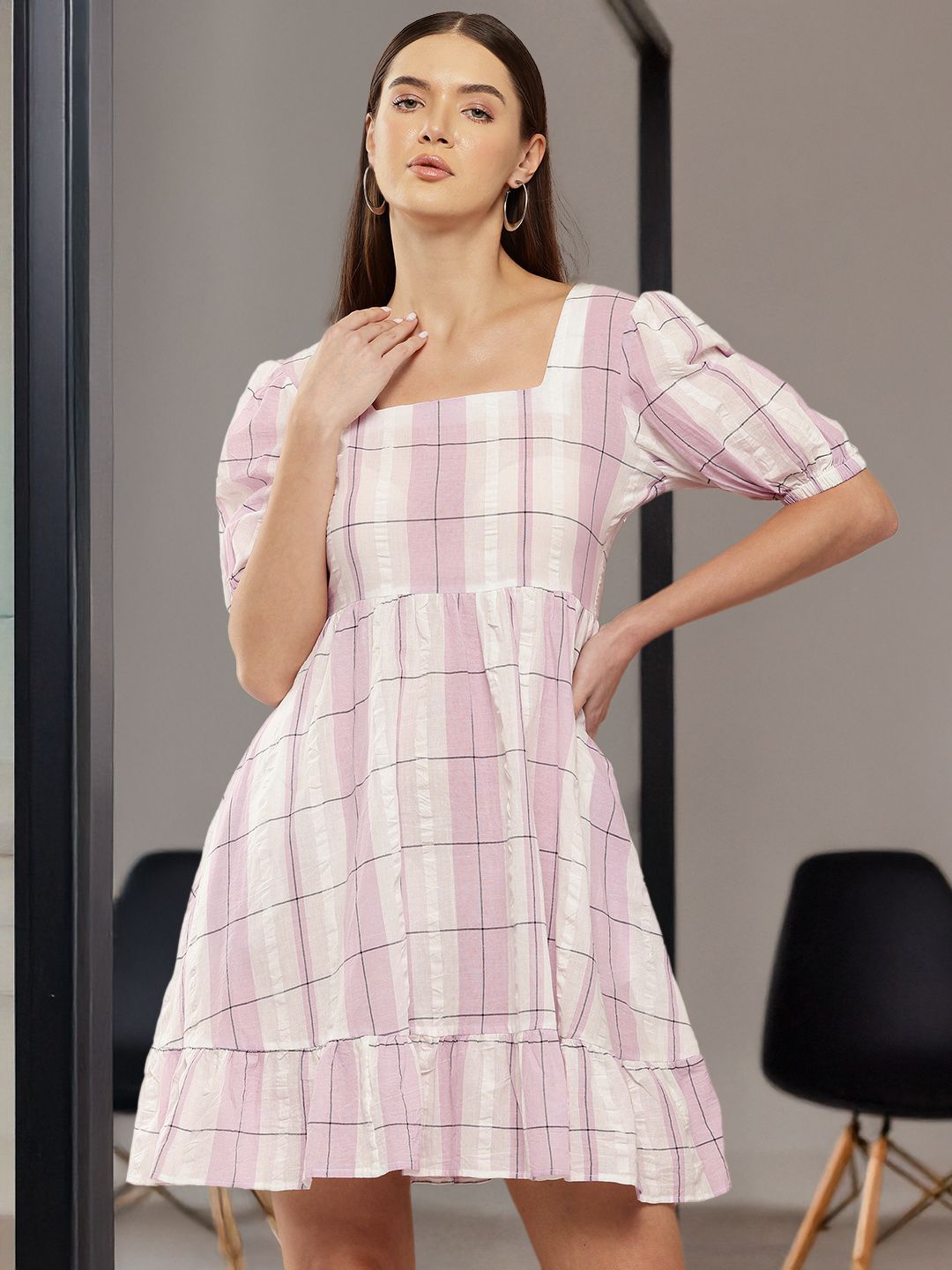 Chemistry Checked Puff Sleeve Fit & Flare Mini Dress