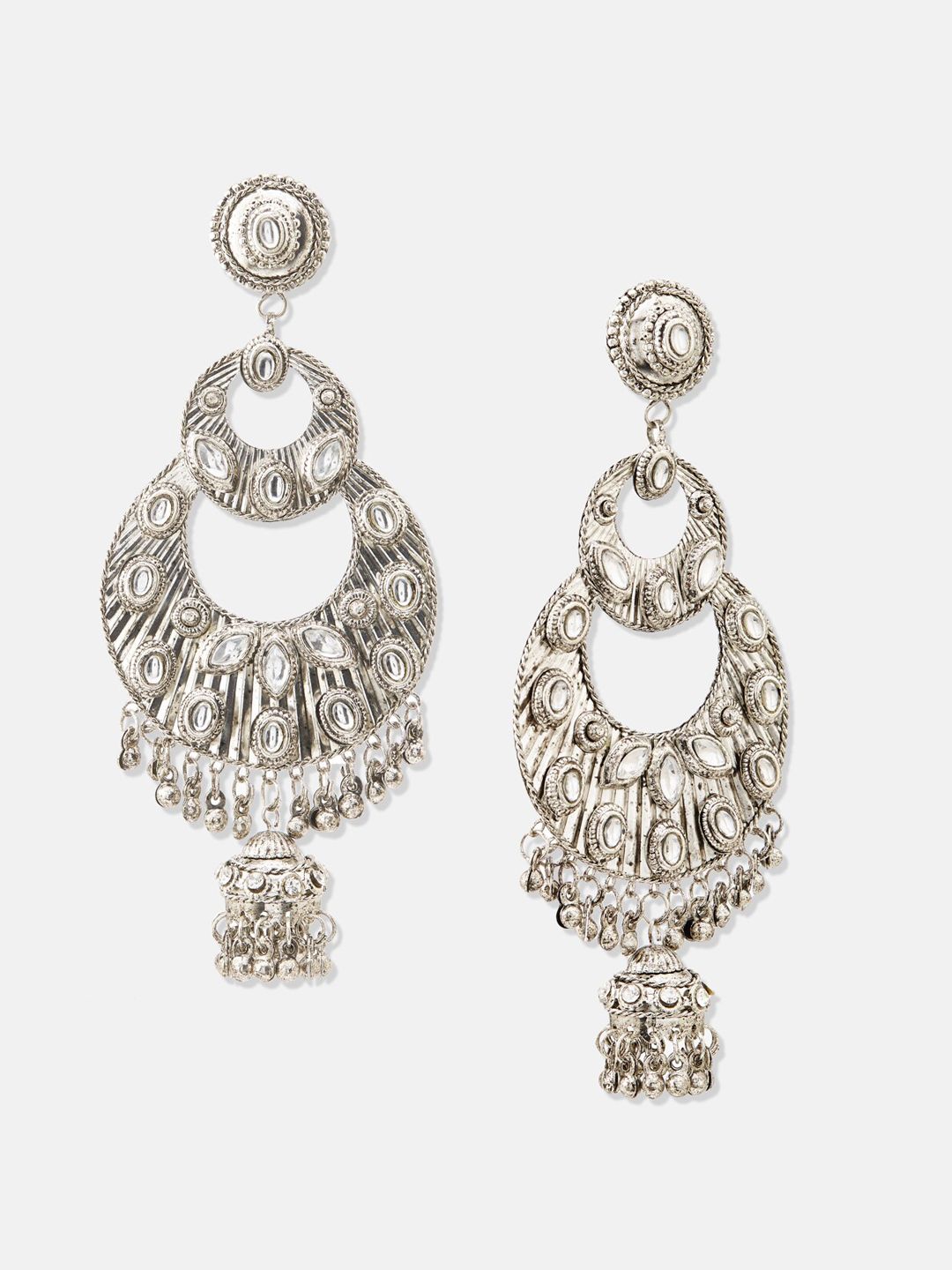 ATIBELLE Silver-Plated Kundan-Studded Contemporary Chandbalis
