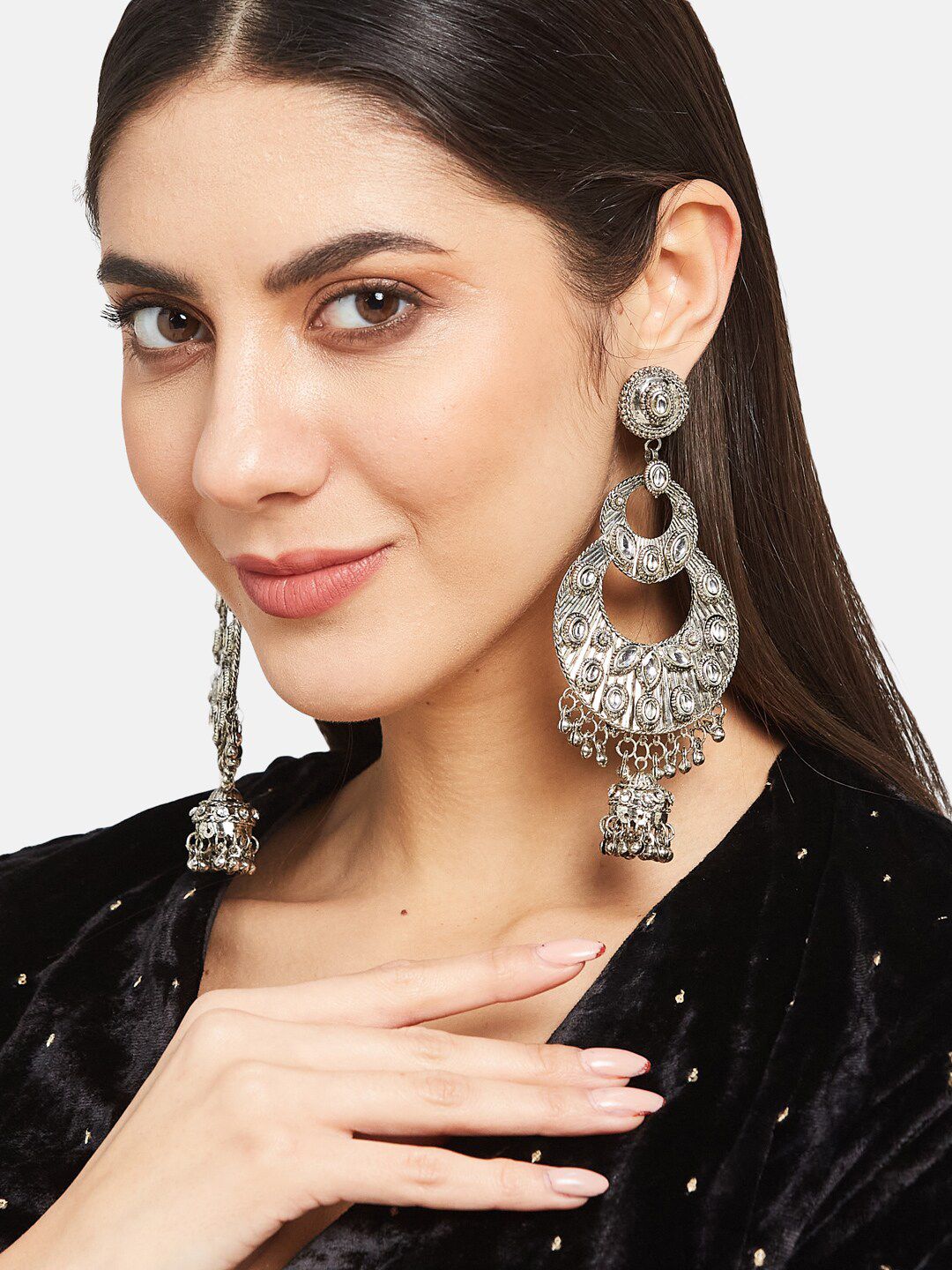 ATIBELLE Silver-Plated Kundan-Studded Contemporary Chandbalis
