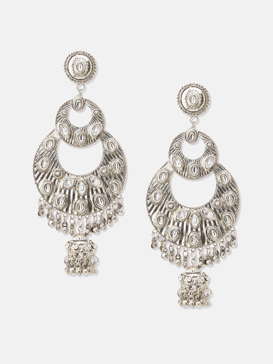 ATIBELLE Silver-Plated Kundan-Studded Contemporary Chandbalis