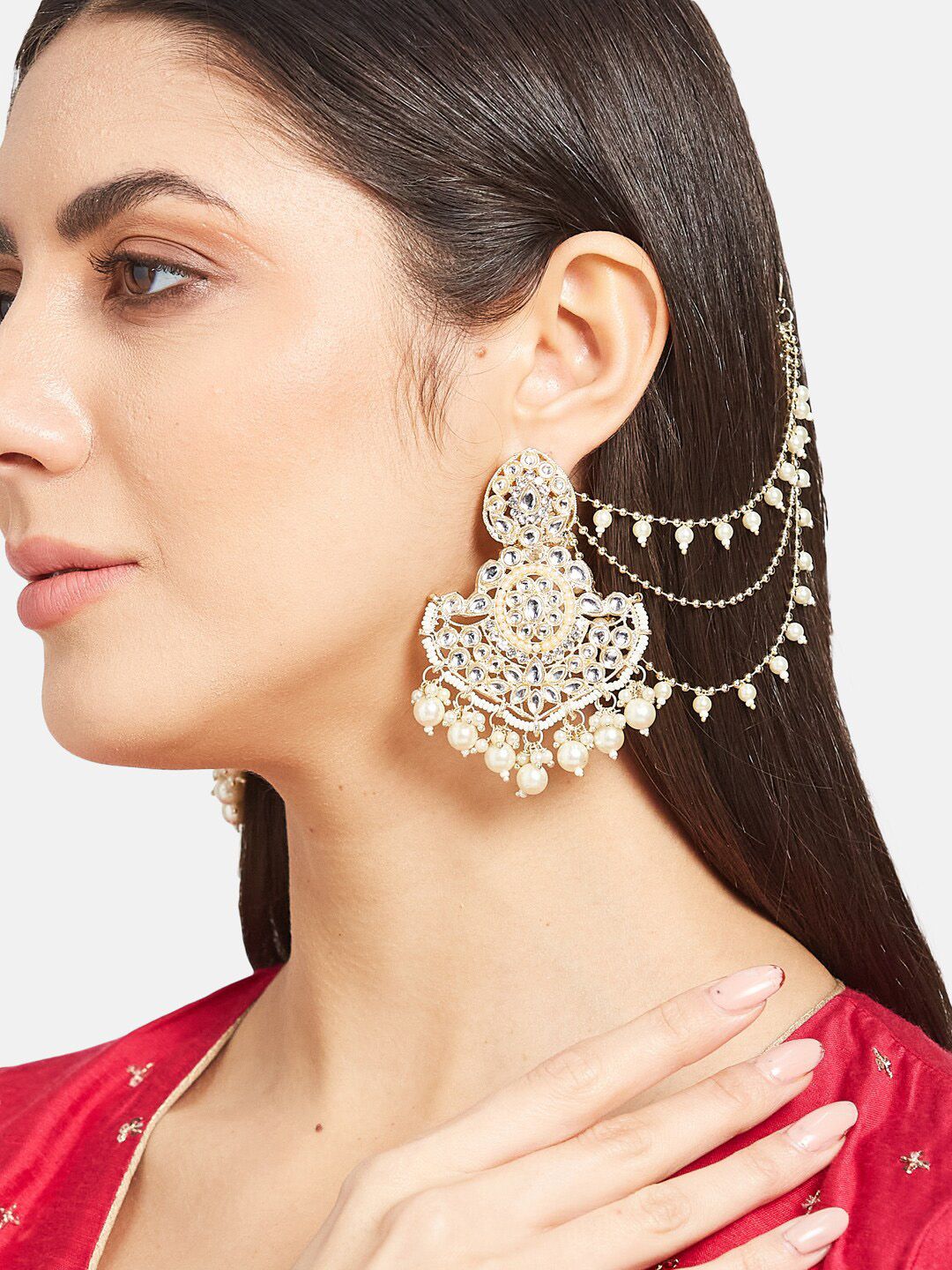 ATIBELLE Gold-Plated Kundan-Studded Contemporary Chandbalis