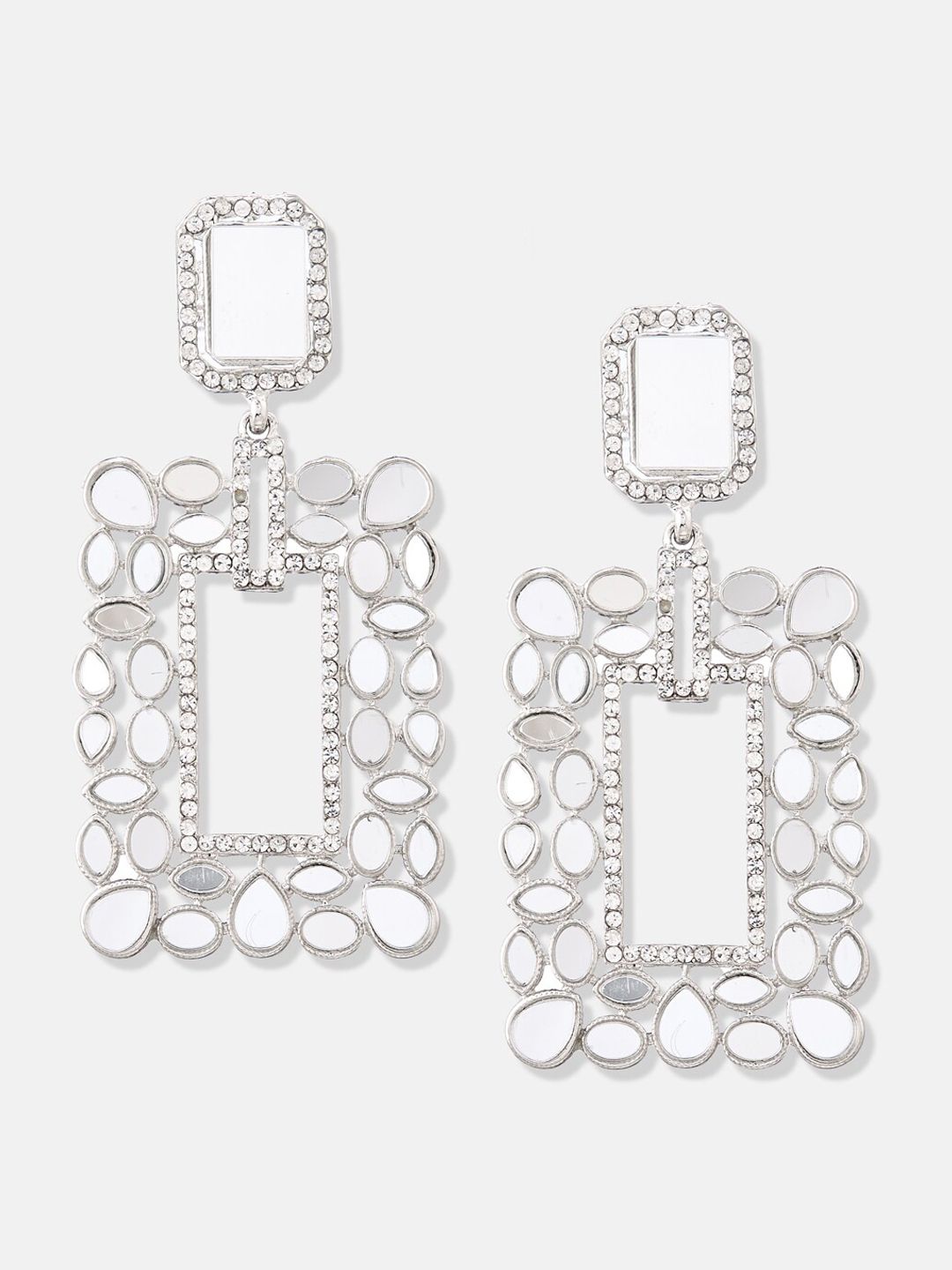 ATIBELLE Silver-Plated Stone-Studded Contemporary Drop Earrings