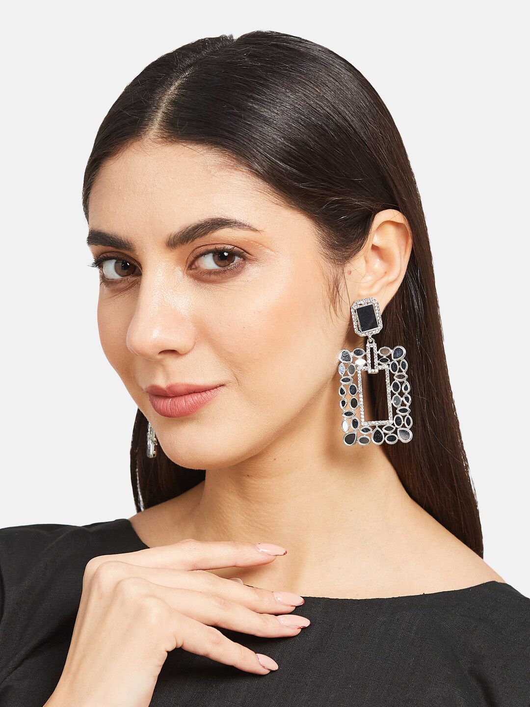 ATIBELLE Silver-Plated Stone-Studded Contemporary Drop Earrings