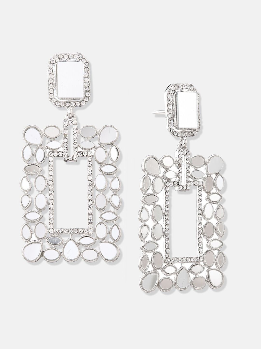 ATIBELLE Silver-Plated Stone-Studded Contemporary Drop Earrings