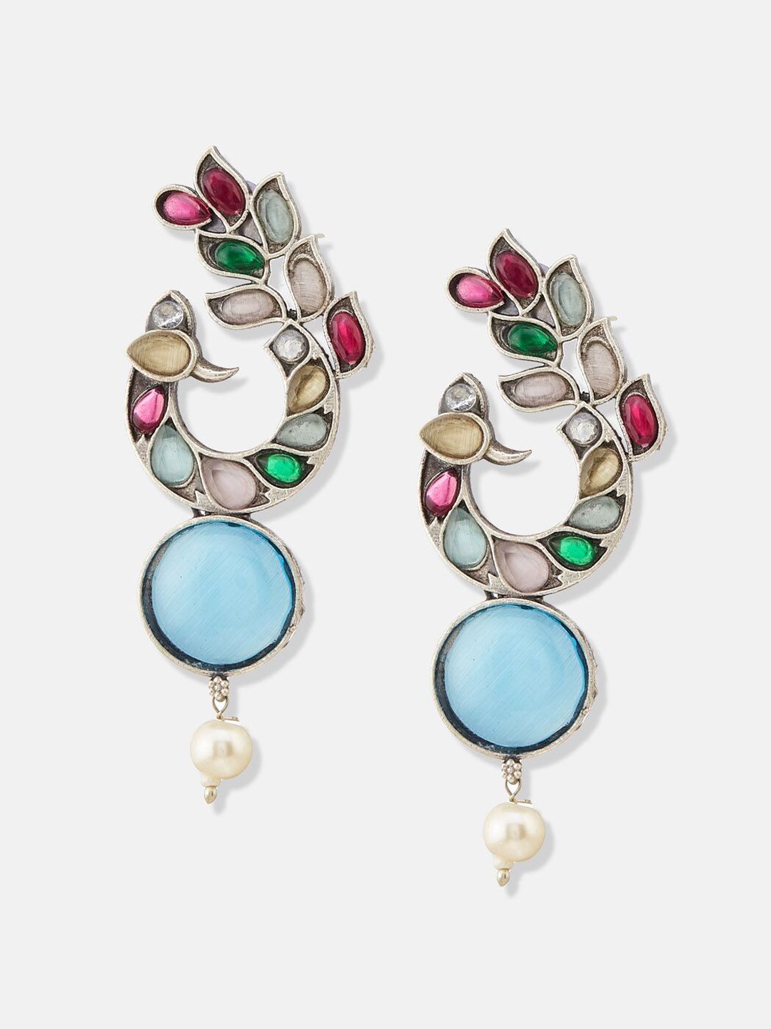 ATIBELLE Silver-Plated Kundan-Studded Contemporary Drop Earrings