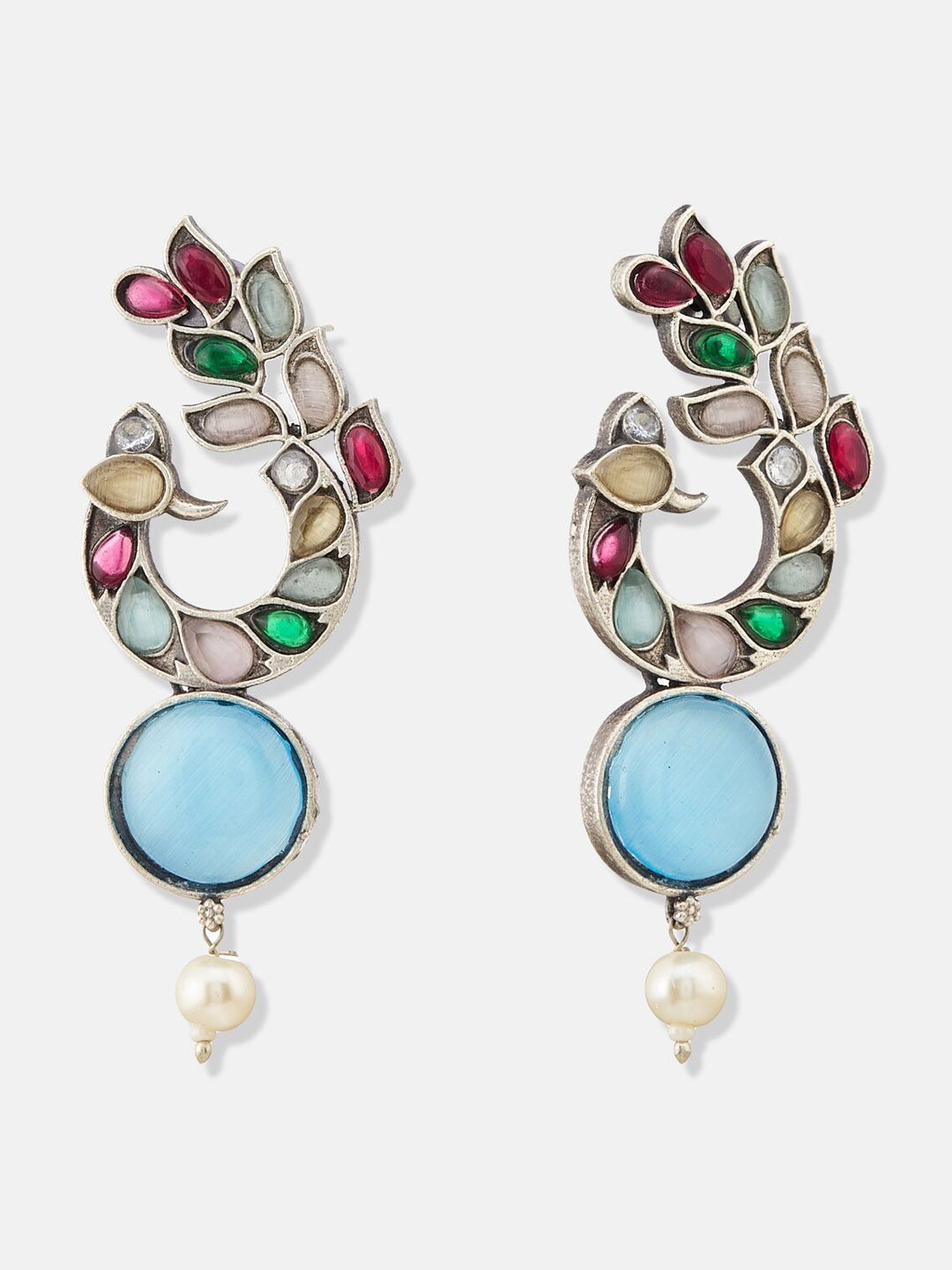 ATIBELLE Silver-Plated Kundan-Studded Contemporary Drop Earrings