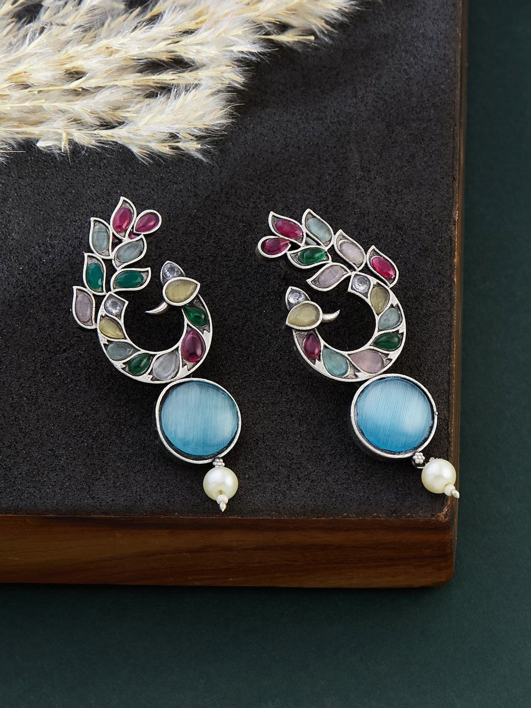 ATIBELLE Silver-Plated Kundan-Studded Contemporary Drop Earrings