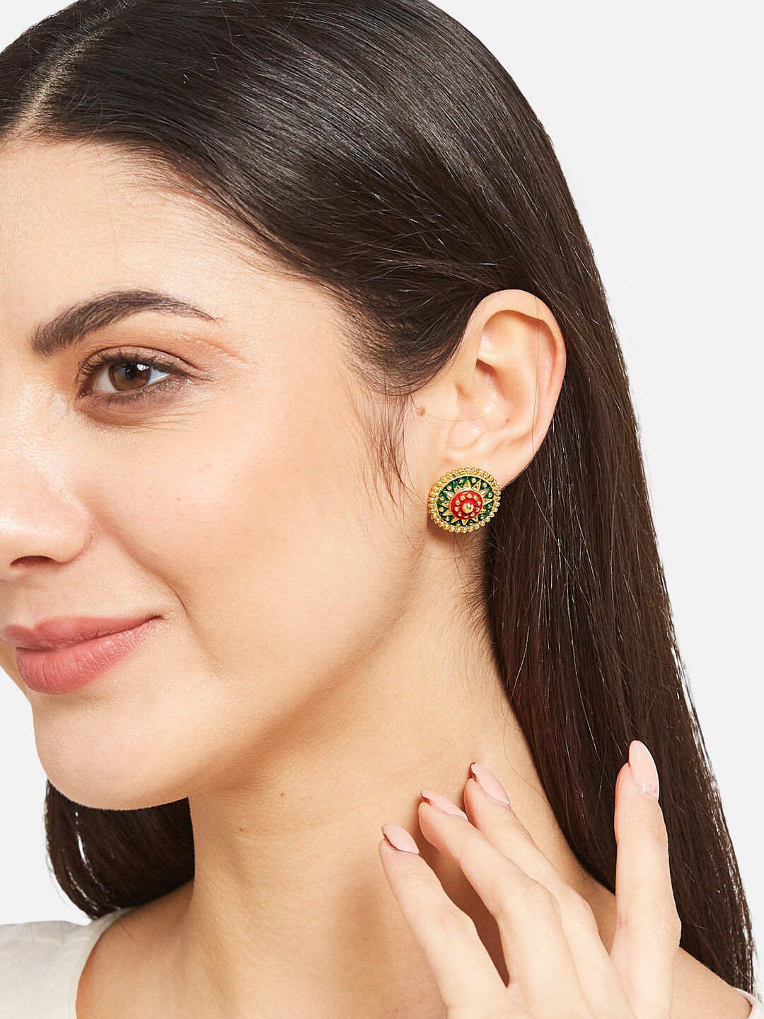 ATIBELLE Set Of 2 Gold Plated Meenakari Floral Shaped Studs Earrings
