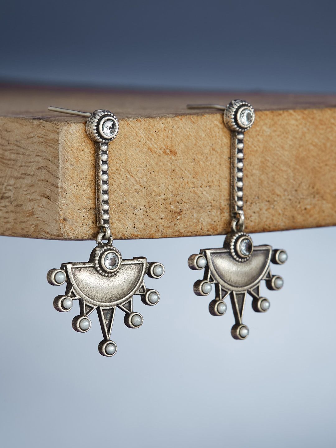 ATIBELLE German Silver Plated Stone-Studded Floral Shaped Drop Earrings