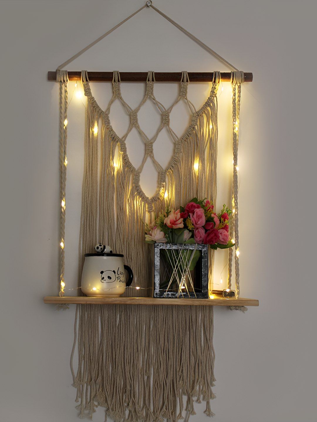 VAH Kya Bat Hai !! White Wooden Wall Hanging Shelf with Jute Rope & LED Lights-image-10