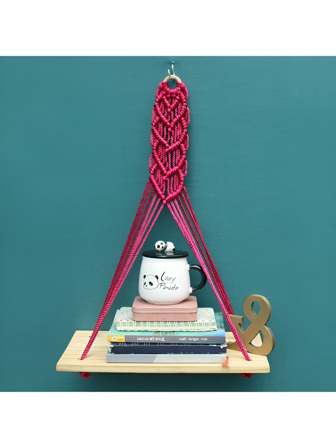 VAH Kya Bat Hai !! Pink Macrame Diamond Design Wooden Wall Hanging Shelf with Rope