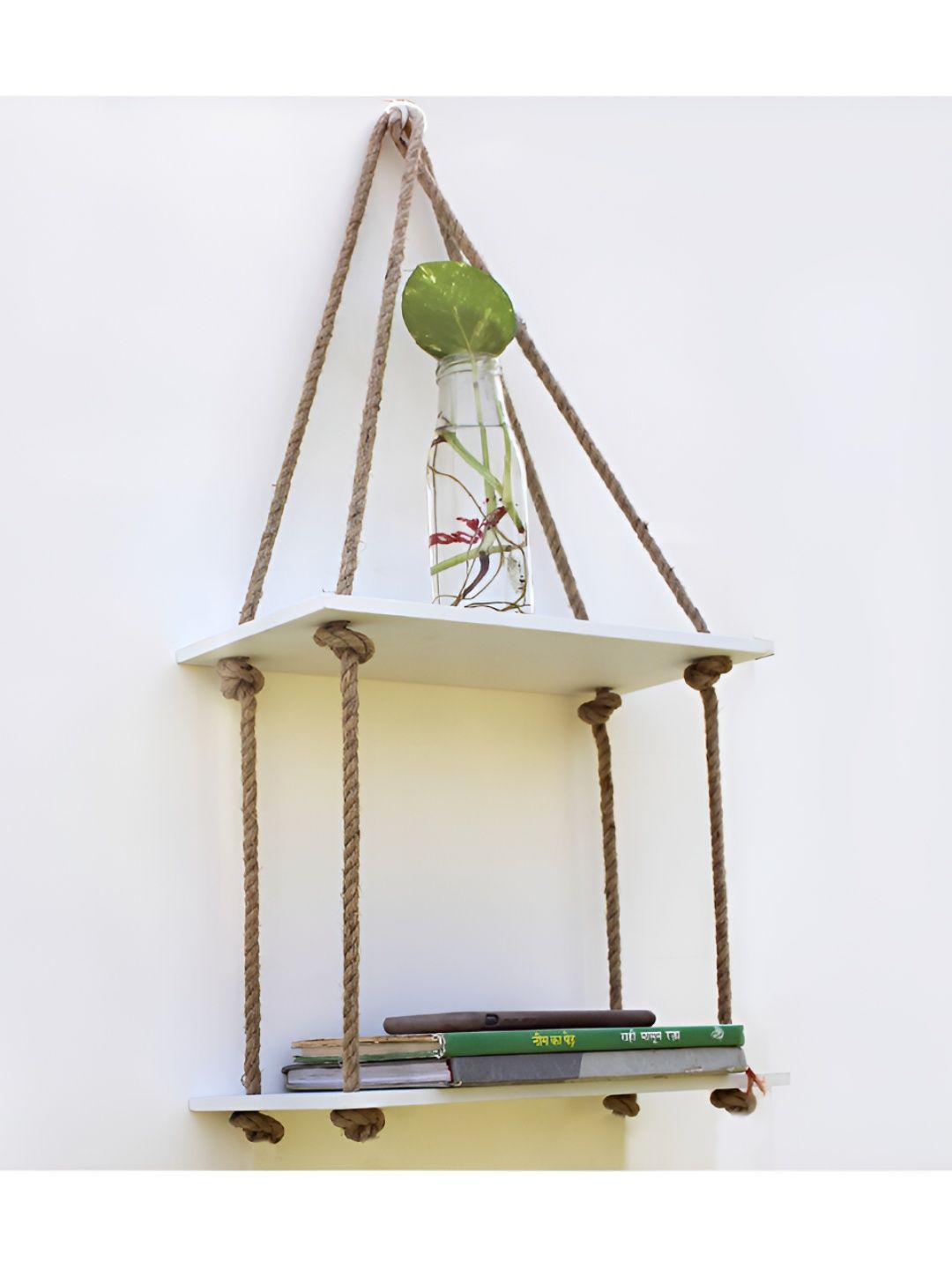 VAH Kya Bat Hai !! White & Brown 2 Layer Floating Wall Shelves With Jute Rope-image-3