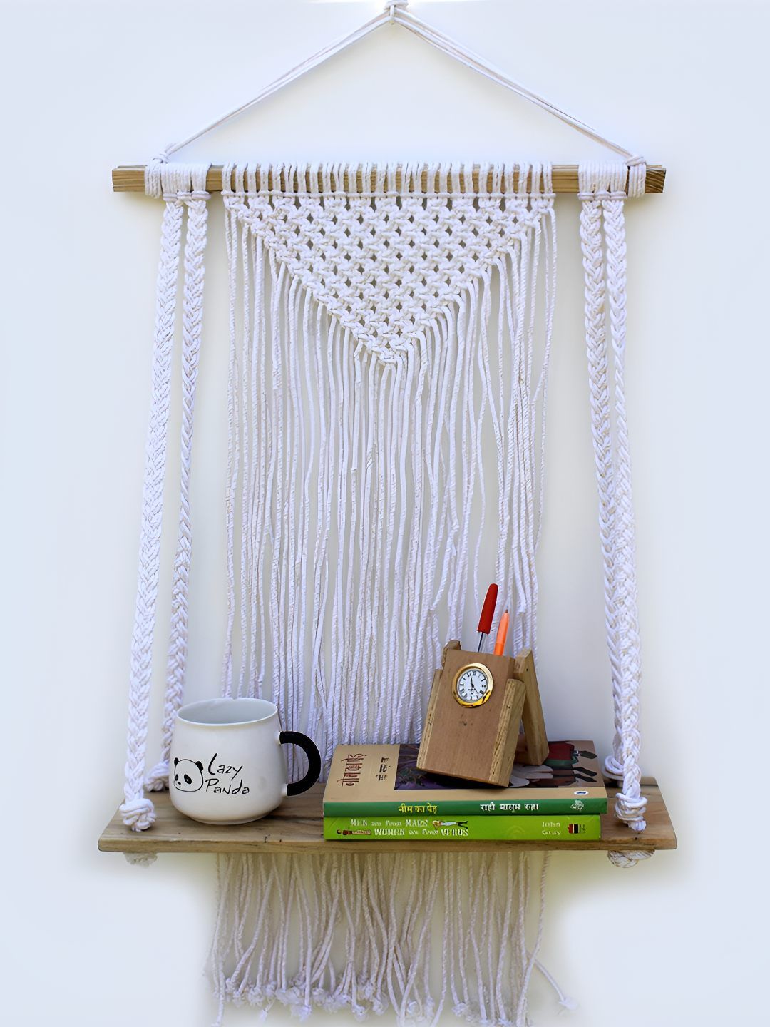 VAH Kya Bat Hai !! White & Brown Macrame With Jute Rope Floating Wall Shelf-image-33