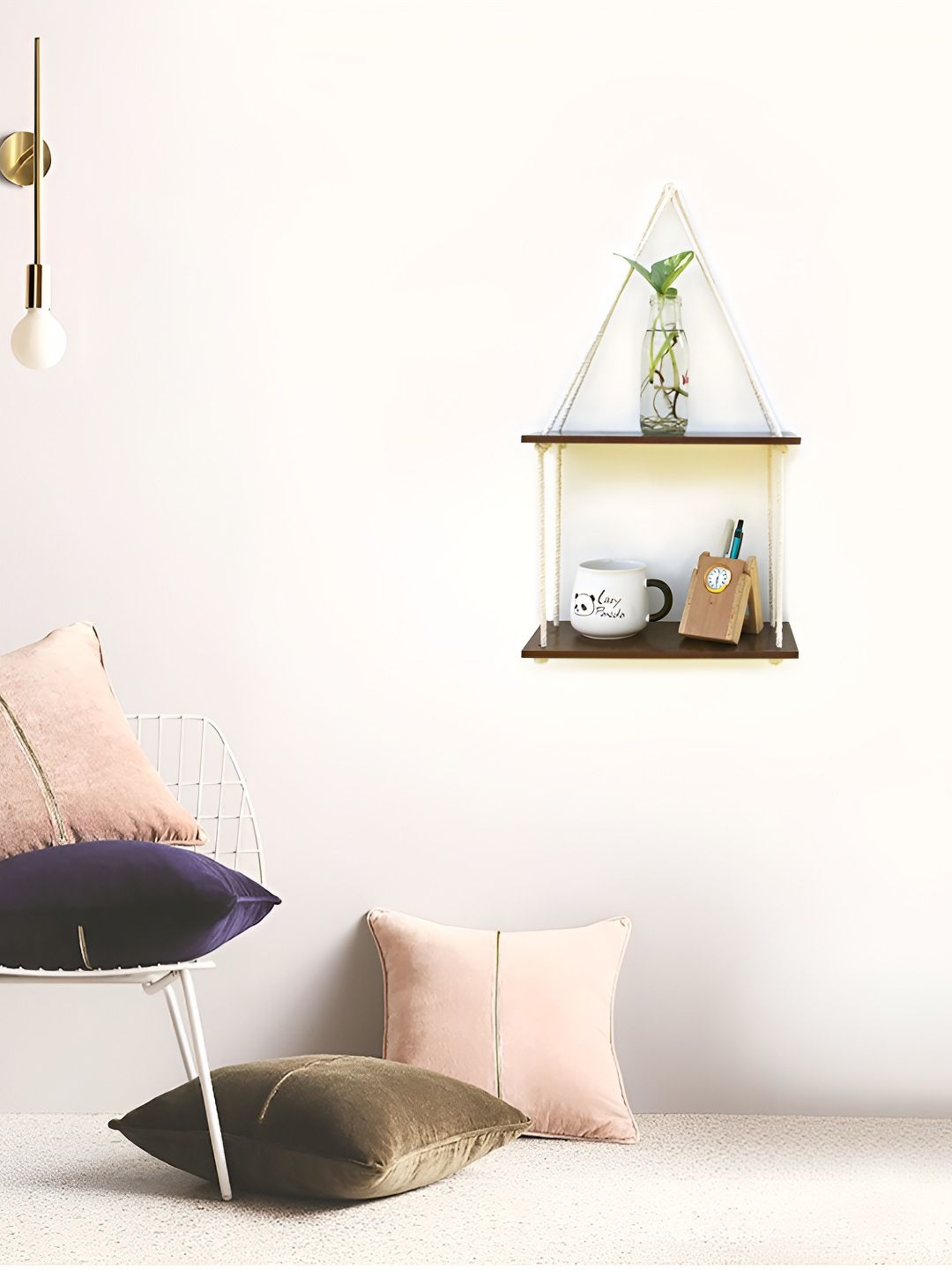 VAH Kya Bat Hai !! White & Brown 2 Layer Wooden Floating Wall Shelves With Jute Rope