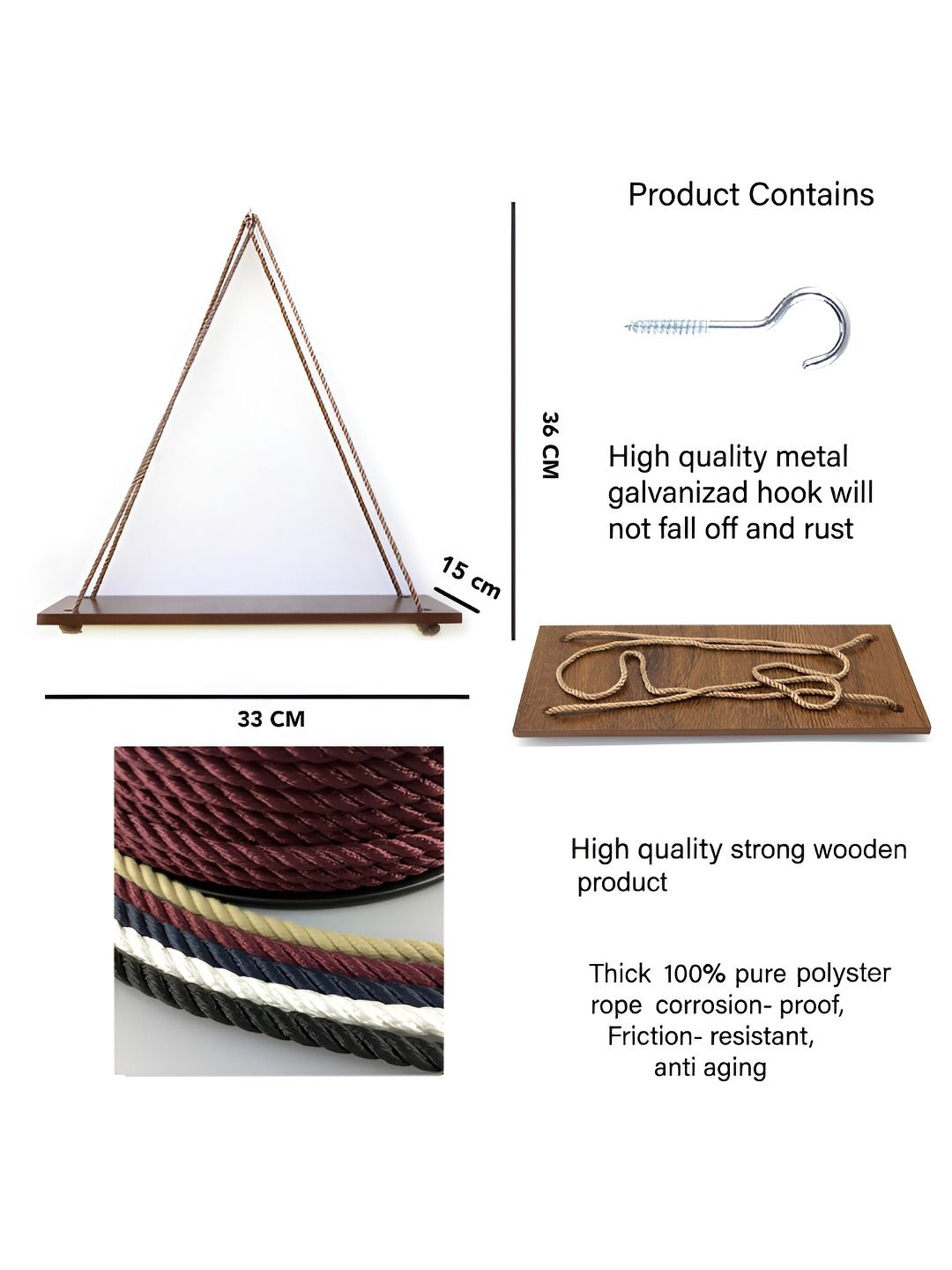 VAH Kya Bat Hai !! Brown & Gold Toned Wooden Wall Hanging Shelf With Jute Rope-image-43