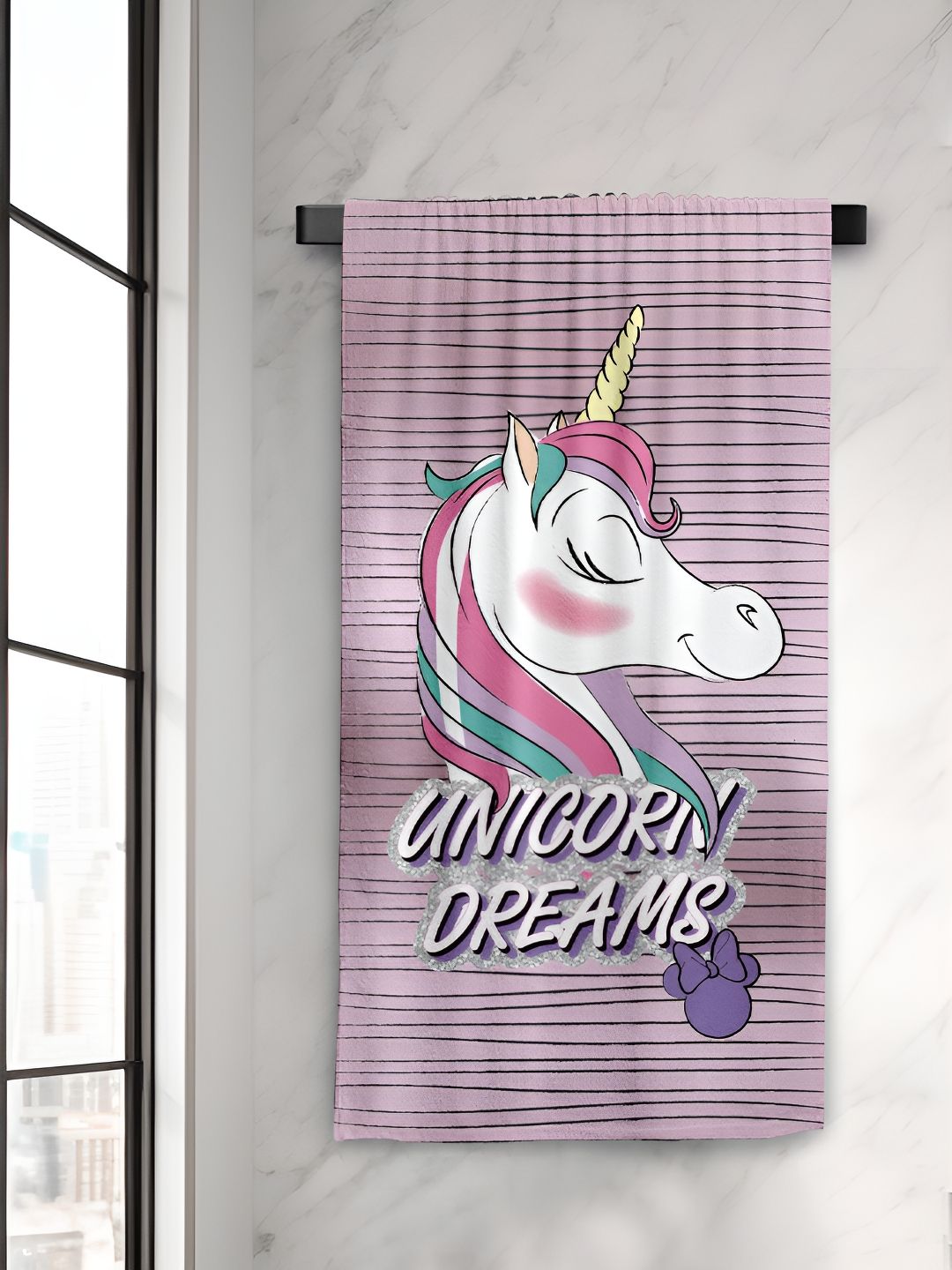 Sassoon Pink & White Unicorn Printed Cotton 380 GSM Bath Towel-image-1