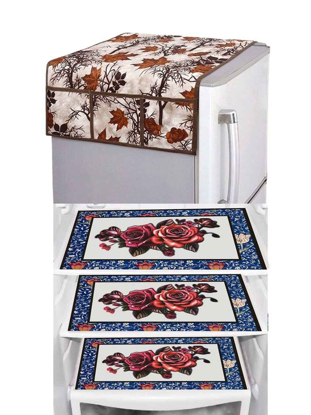 Dakshya Industries Blue & Brown 4 Pieces Floral Printed Refrigerator Covers-picture-18