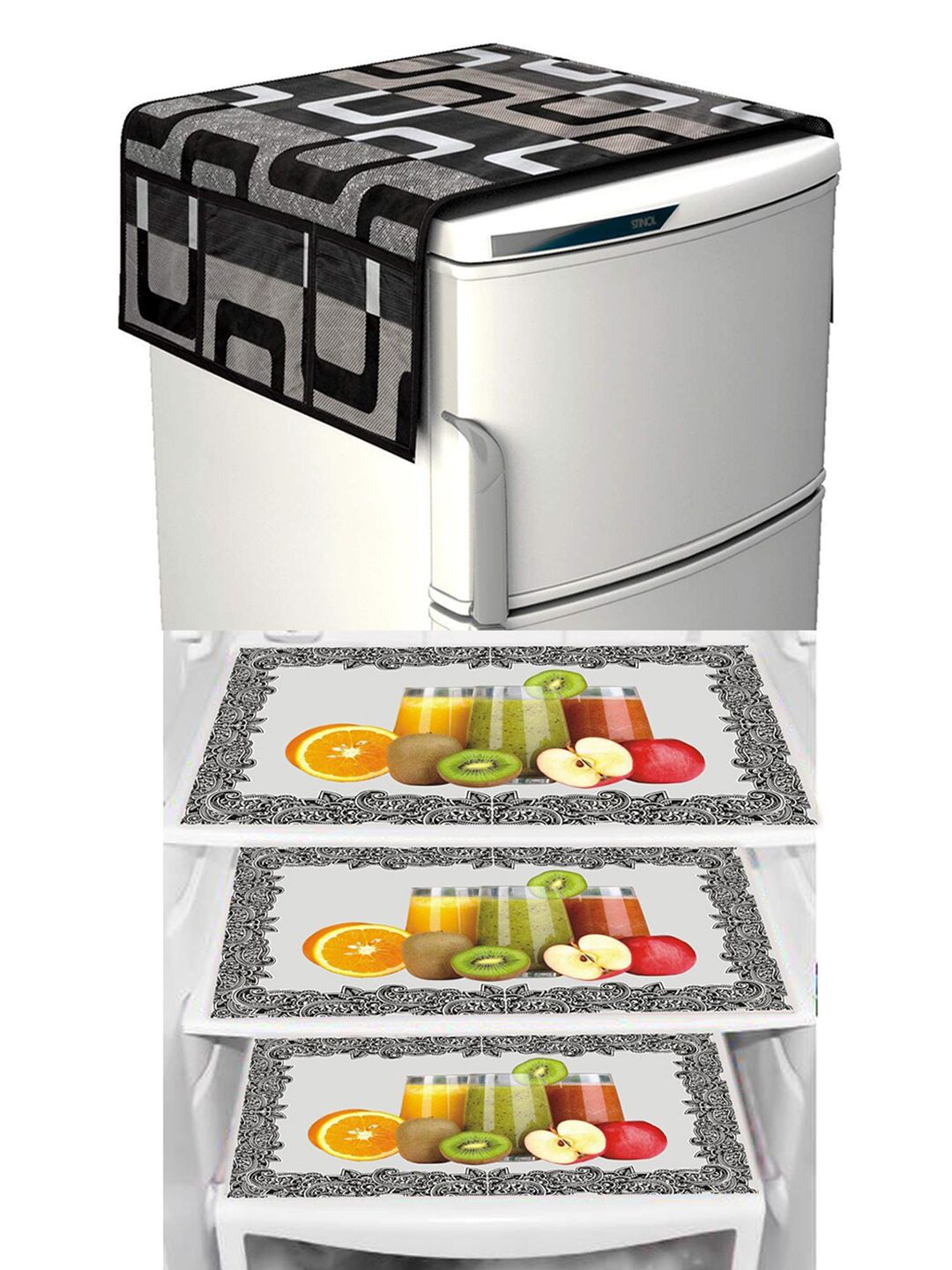 Dakshya Industries Black & Yellow Geometric Print Waterproof Fridge Cover & 3 Fridge Mats-picture-49