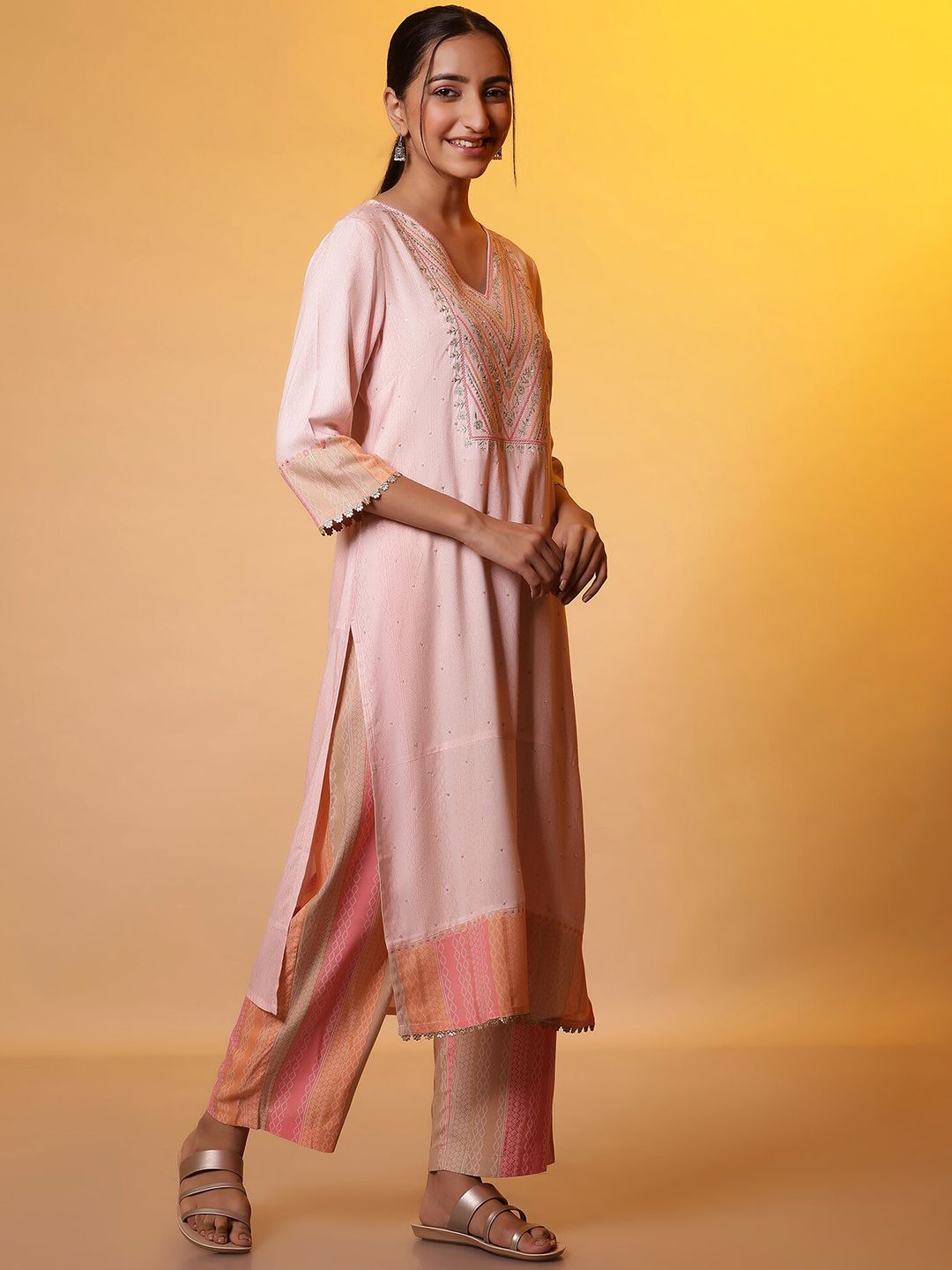 Maroon Woven Design Kantha Work Kurta With Palazzos & With Dupatta