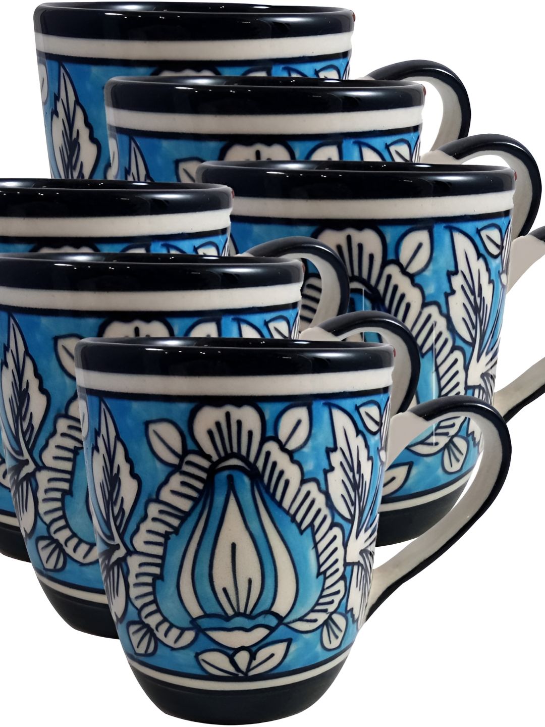 INDIA MEETS INDIA Blue & White 6 Pieces Ceramic Glossy Cups Set 250 ml Each-image-35