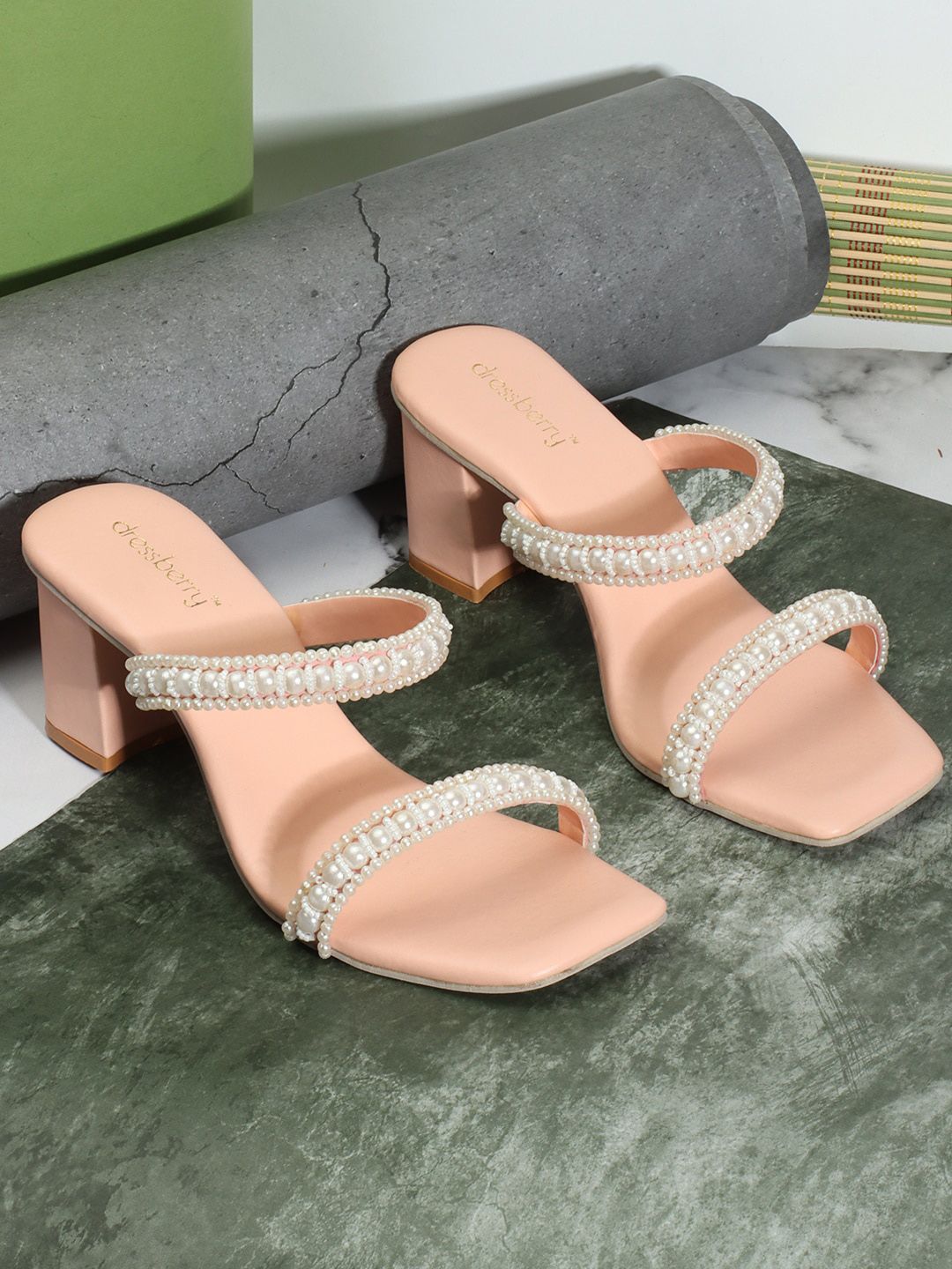 DressBerry Peach-Coloured Embellished Open Toe Block Heels-picture-28