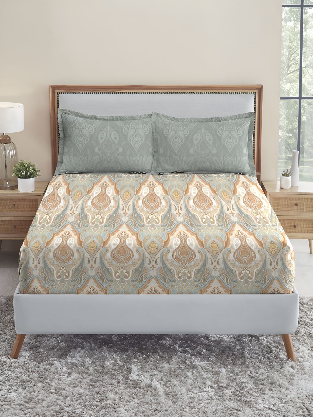 MYTRIDENT Grey & White Ethnic Motifs 210 TC Cotton King Bedsheet with 2 Pillow Covers-picture-33