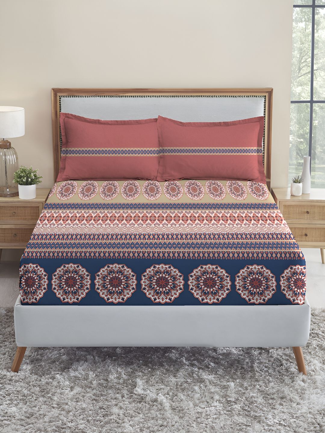 MYTRIDENT Blue & Orange Geometric 210 TC Cotton King Bedsheet with 2 Pillow Covers-picture-34