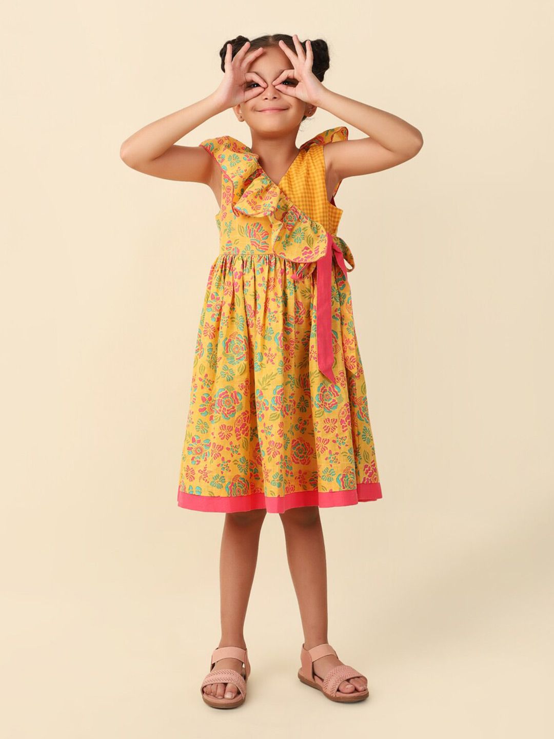 Fabindia Girls Floral Print Ruffles Cotton Wrap Dress-image-11